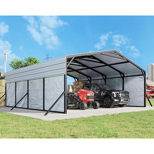 Jocisland 20x20 FT Heavy Duty Metal Carport, All-Weather Car Canopy with Waterproof Removable Sidewall, Galvanized Steel Roof & Reinforced Base, Shelter for Bass Boats, Full-Sized Pickups and Tractors