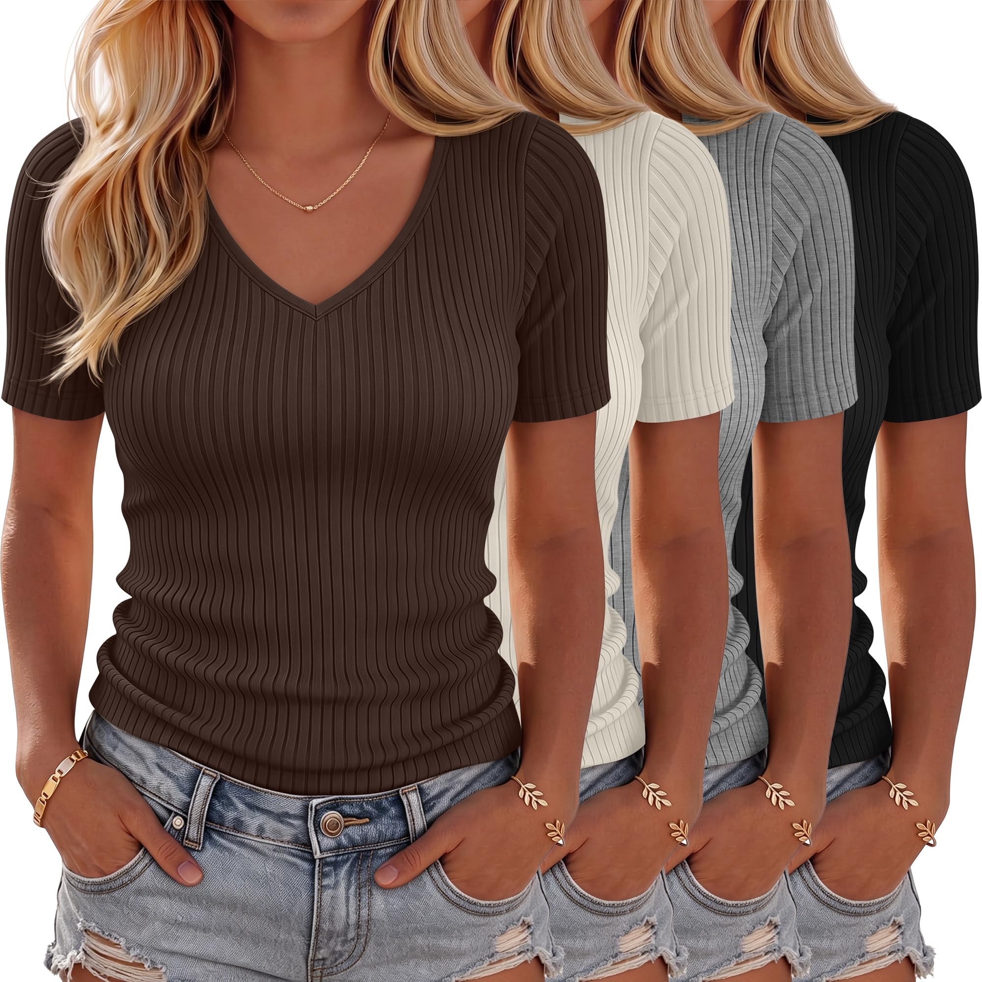 Neer Paquete de 4 camisas acanaladas de algodón con cuello en V para mujer | Camiseta de manga corta ajustada, camiseta básica suave y elástica, ropa de moda casual de verano, trajes para salir del año