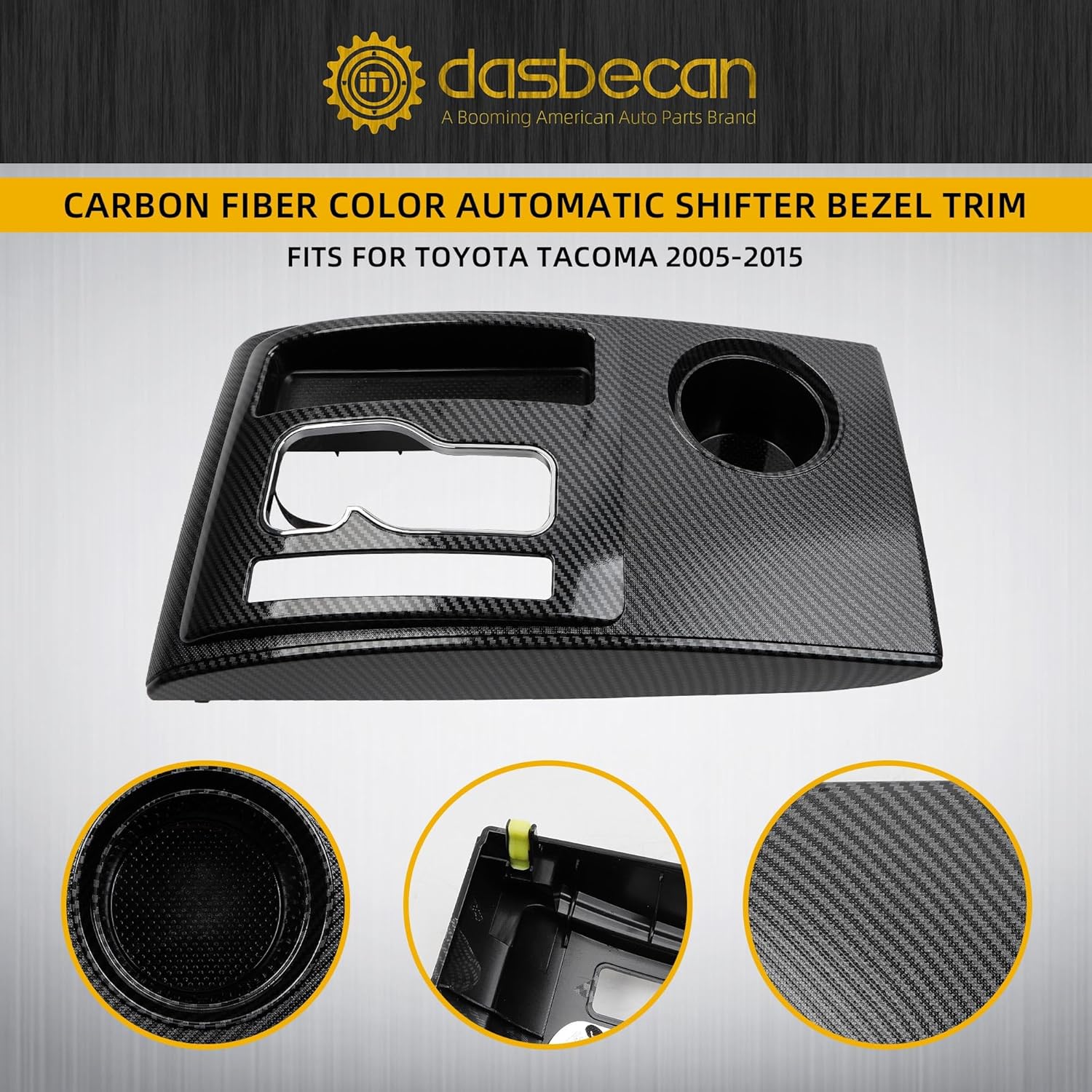 Dasbecan Carbon Fiber Center Console Shifter Bezel Gear Shift Panel Cover Cup Holder Trim Compatible with Toyota Tacoma 2005-2015, Carbon Fiber Color Gear Shift Trim Replaces# 58822AD010 58822-AD010