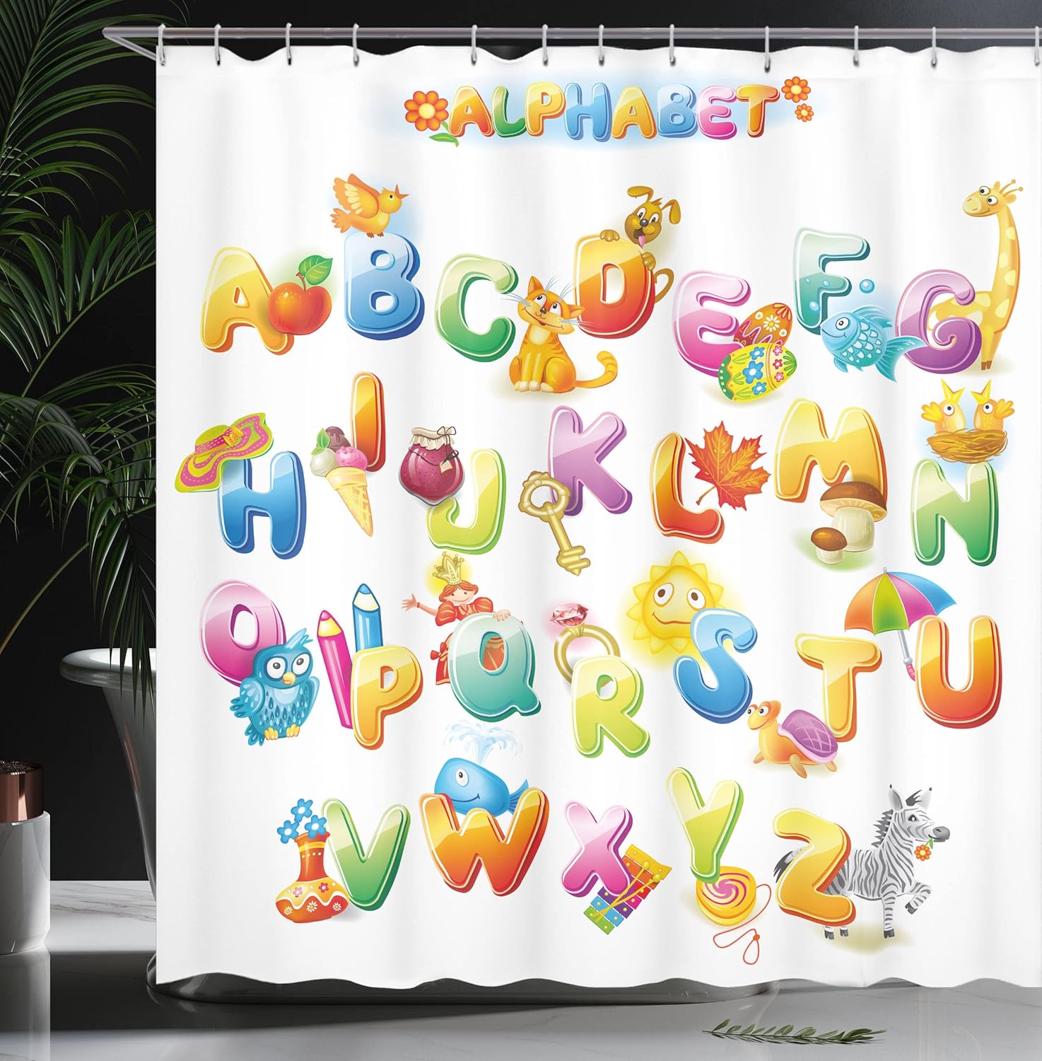 Ambesonne Science Shower Curtain, Cheerful Cartoon Fun Alphabet Design Font Design, Cloth Fabric Bathroom Decor Set with Hooks, 69" W x 75" L, Orange Multicolor