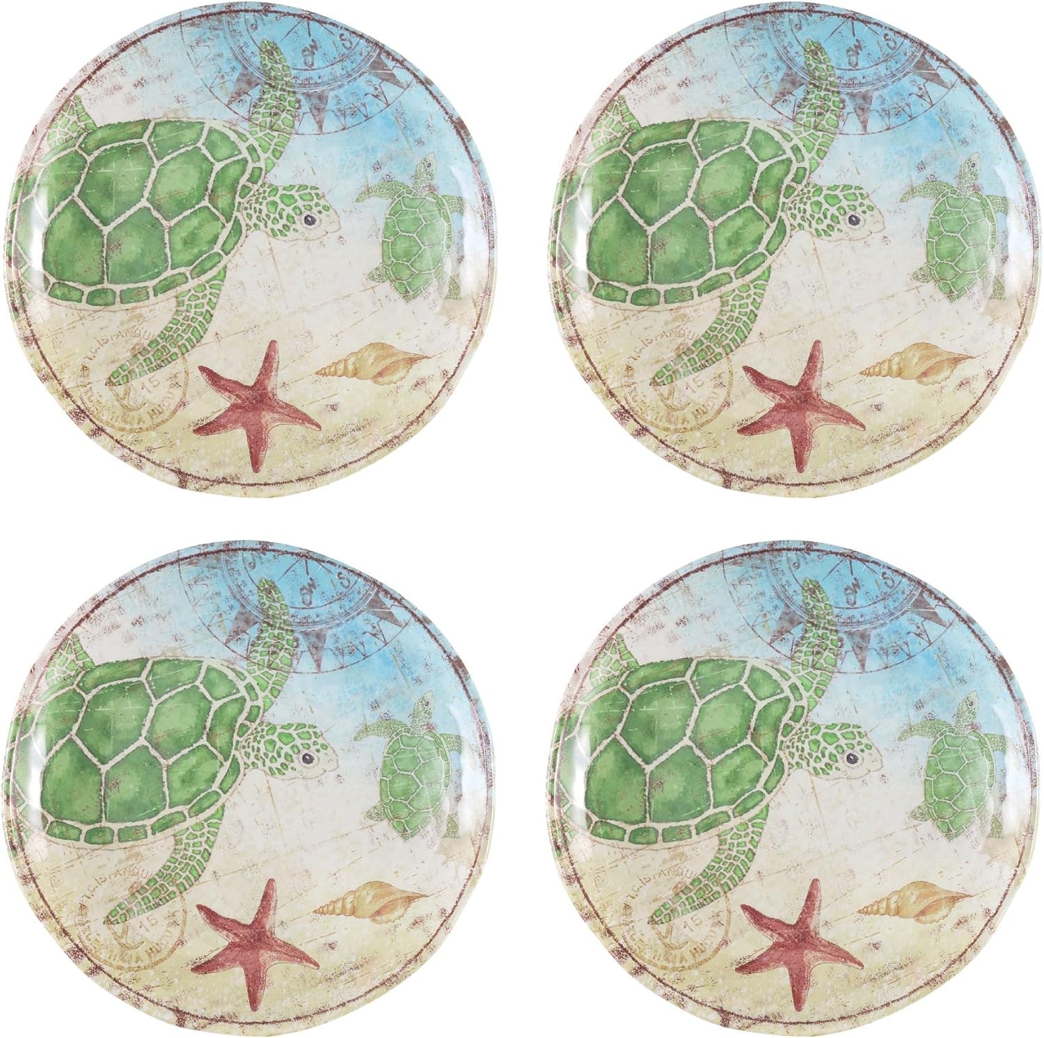 UP Sea Turtle Melamine Round Dessert Plates, Small Serving Plates, for Appetizer, Snacks, and Side Dishes, Multicolor, 6 Inch, Set of 4