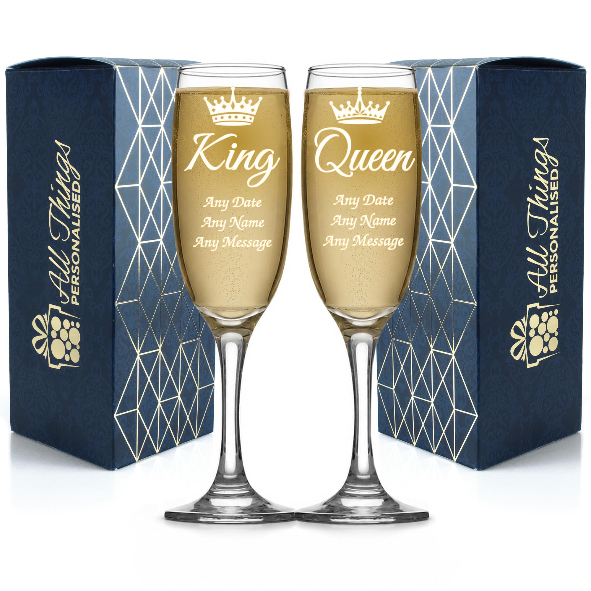 Copas de champán para fiesta de graduación King y Queen, flautas grabadas personalizadas con diseño de corona, regalo de recuerdo de premio de noche de graduación, 210 ml, caja de regalo, juego de dos