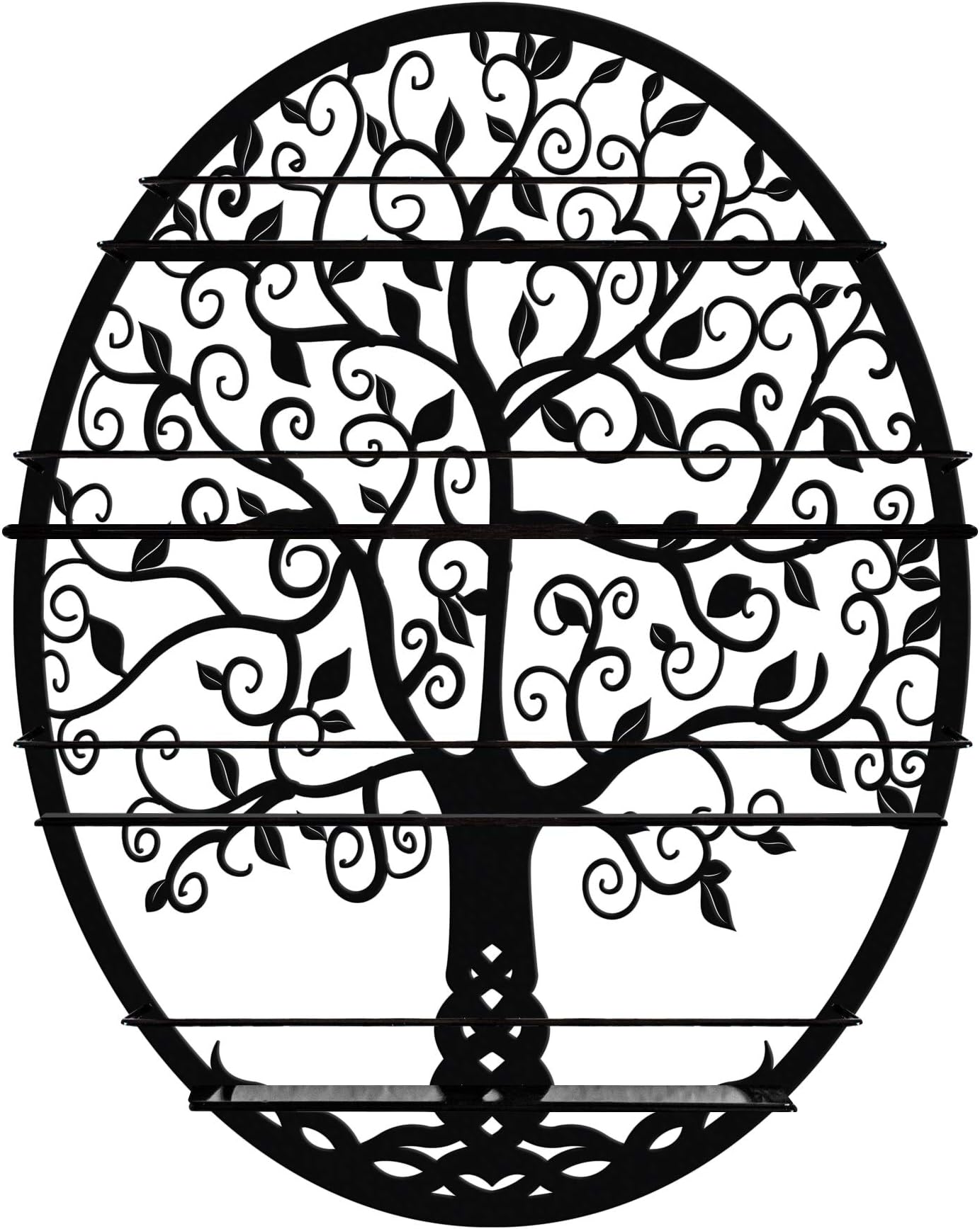 Essential Oils & Nail Polish Storage - Display Organiser Shelf that can hold up to 10 ml. bottles - Oval Metal with Tree Silhouette - Wall Mounted Round Rack Oil Bottle Storage (Black)