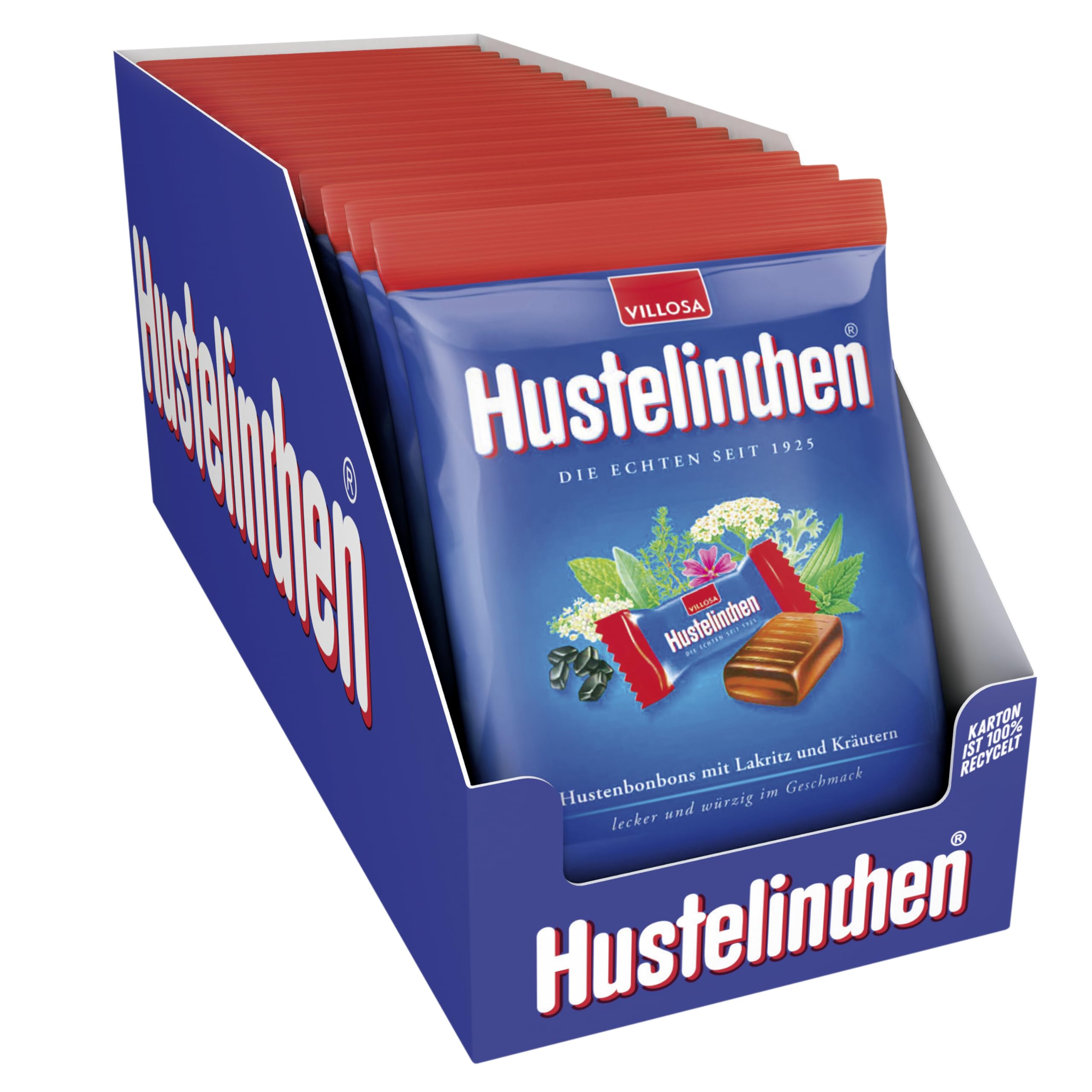 Villosa Hustelinchen Vorrats-Pack – wohltuende Kräuter-Bonbons mit Lakritz, Lutsch-Bonbons mit 21 Kräutern, mild-würziges Aroma, im Vorrats-Pack, 15 x 150 g