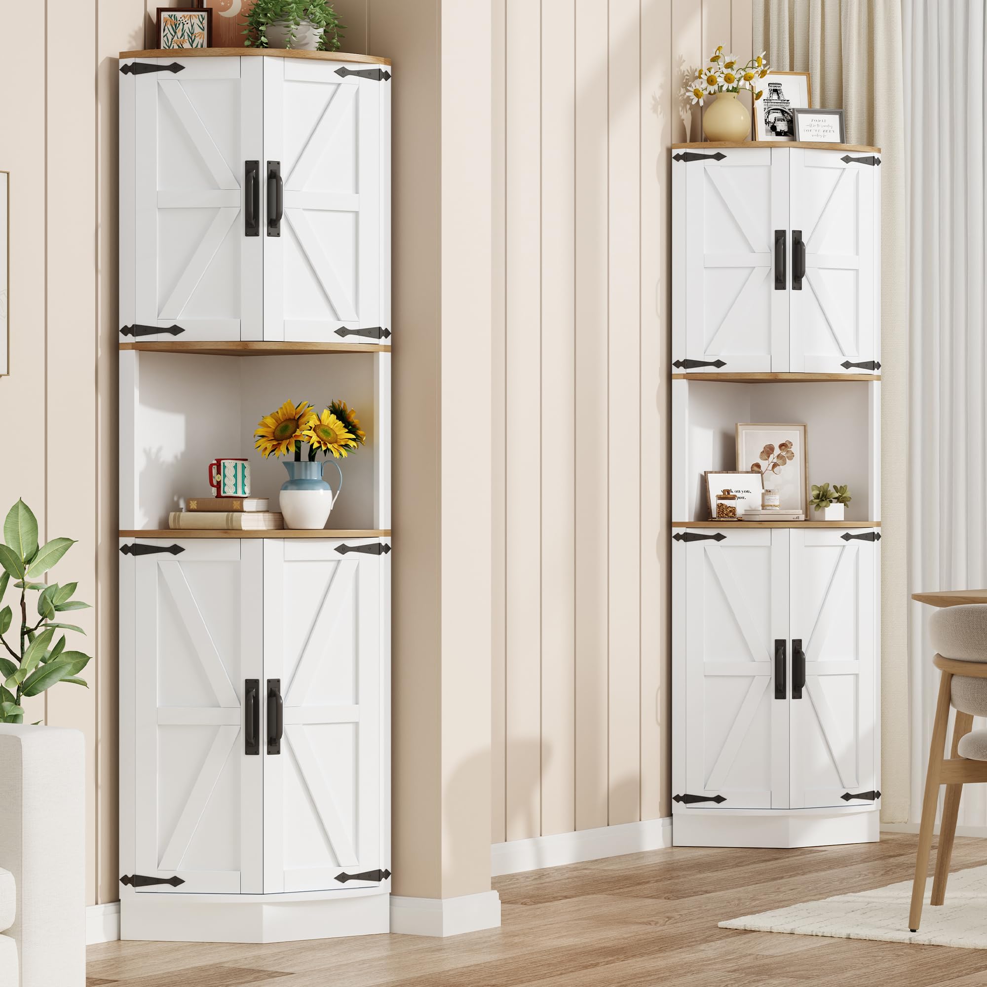 Merax Eckschrank, 180cm Küchenschrank Hoch, Eckregal mit 4 Türen und 5 Ablageflächen, Badezimmerschrank Schmal, Aufbewahrungsschrank Holz, Hochschrank für Küche, Wohnzimmer, Esszimmer, Weiß