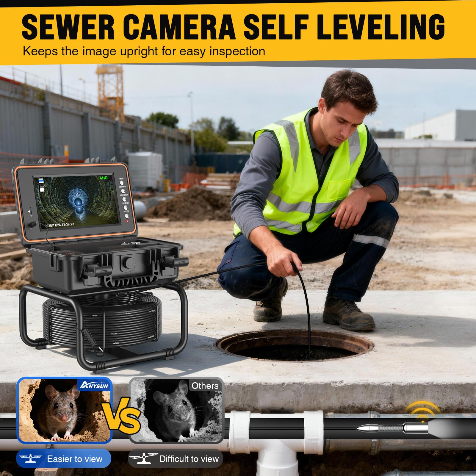 Anysun Caméra d'égout auto-nivelante de 30,5 m, caméra d'inspection des égouts avec marqueur de compteur, écran HD, DVR, 12 lumières LED réglables, câble de 5 mm, batterie rechargeable 5100 mAh, carte
