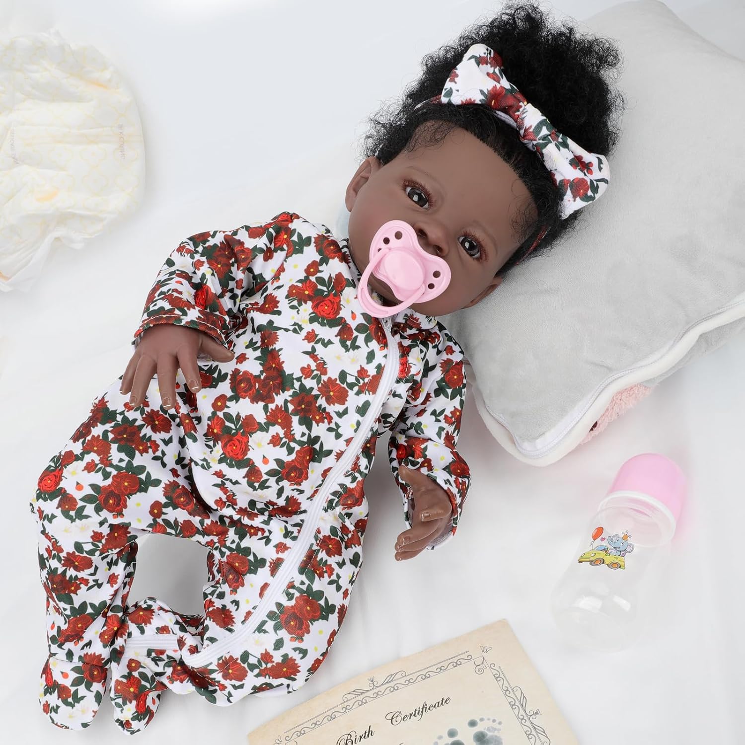 18-Inch Lifelike Reborn Black Baby Doll – Realistic Newborn African American Doll with Hand-Rooted Curly Hair, Weighted Soft Cloth Body, Poseable Limbs, Gift Set for Kids & Collectors