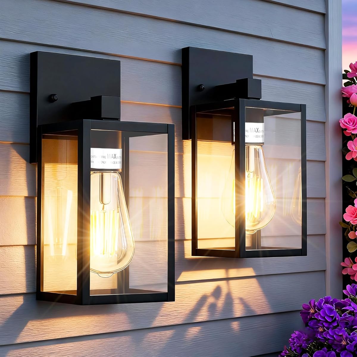 2-Pack Matte Black Outdoor Wall Light | All-Metal & Weatherproof Design with Clear Tempered Glass | Modern Exterior Sconce for Garage, Porch & Doorway