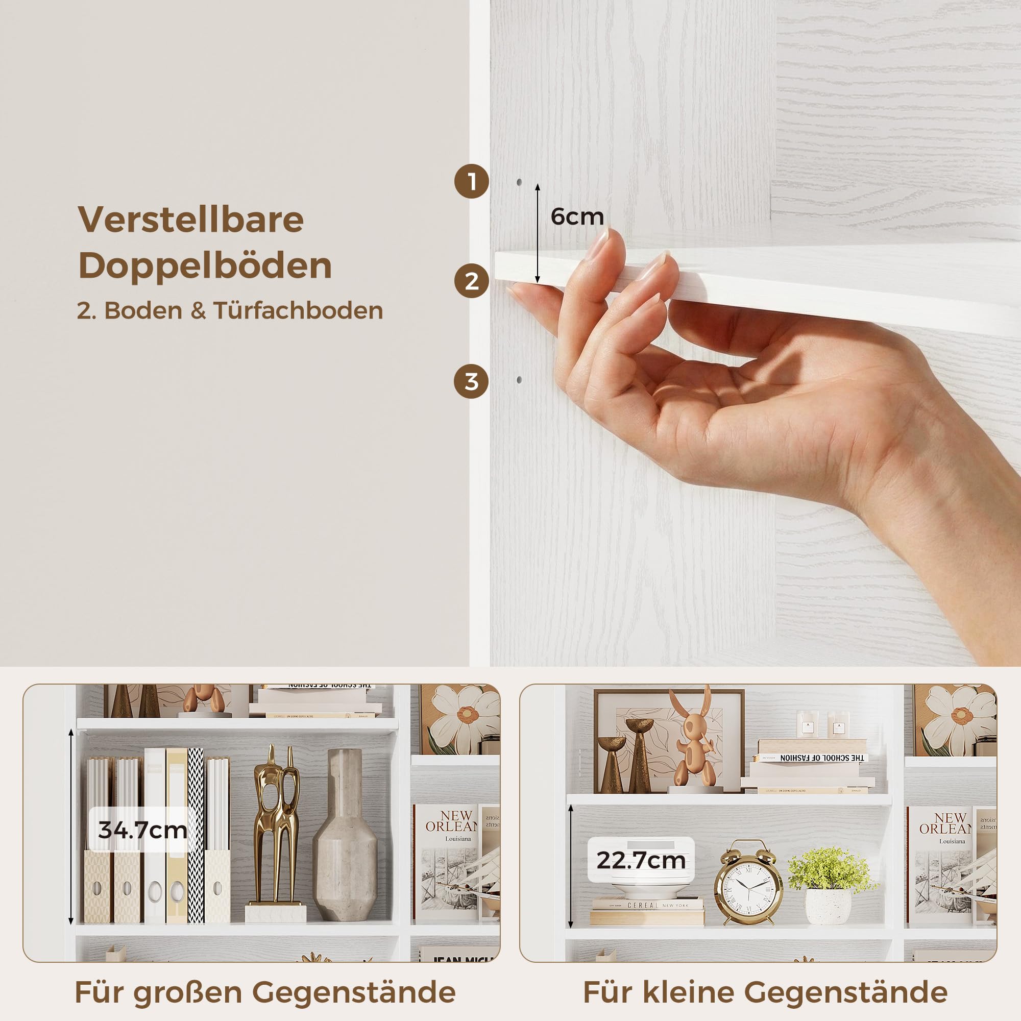 IRONCK Bücherregal mit Türen, Regal Holz mit 6 Ebenen 12 Fächern, Bücherschrank Hochschrank Vitrinenschrank, Einstellbare Regalböden, Standregal für Wohnzimmer Büro Schlafzimmer 108×30×180cm (Weiß)