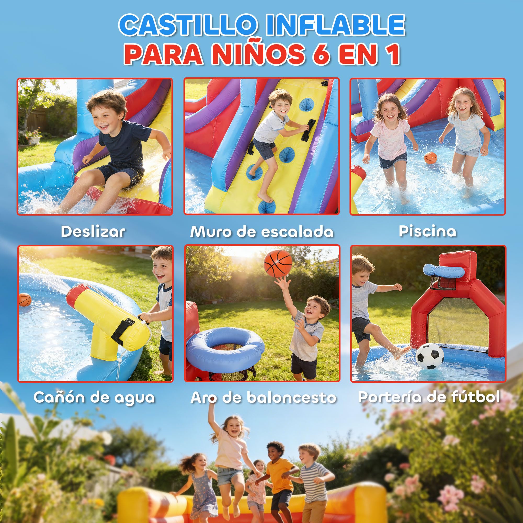 AIYAPLAY Castillo Hinchable Acuático con Soplador 550W 6 en 1 Castillo Hinchable para Niños con Tobogán Pared de Escalada Piscina Aro de Baloncesto Portería de Fútbol Exterior Interior 470x445x205 cm