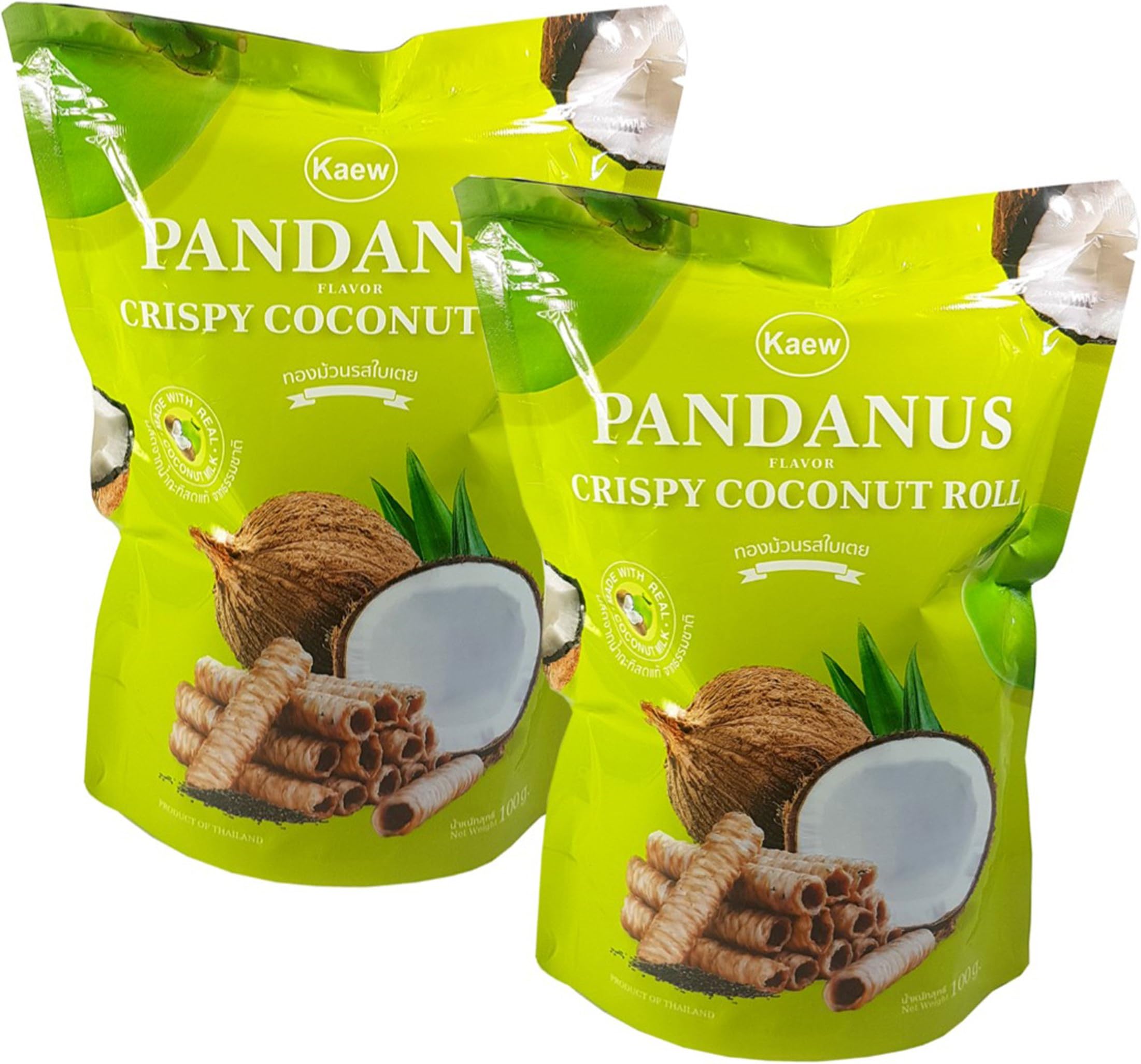 Kaew Thai Pandanus Crispy Coconut Roll Pandan Flavor 100 g. (Pack of 2)