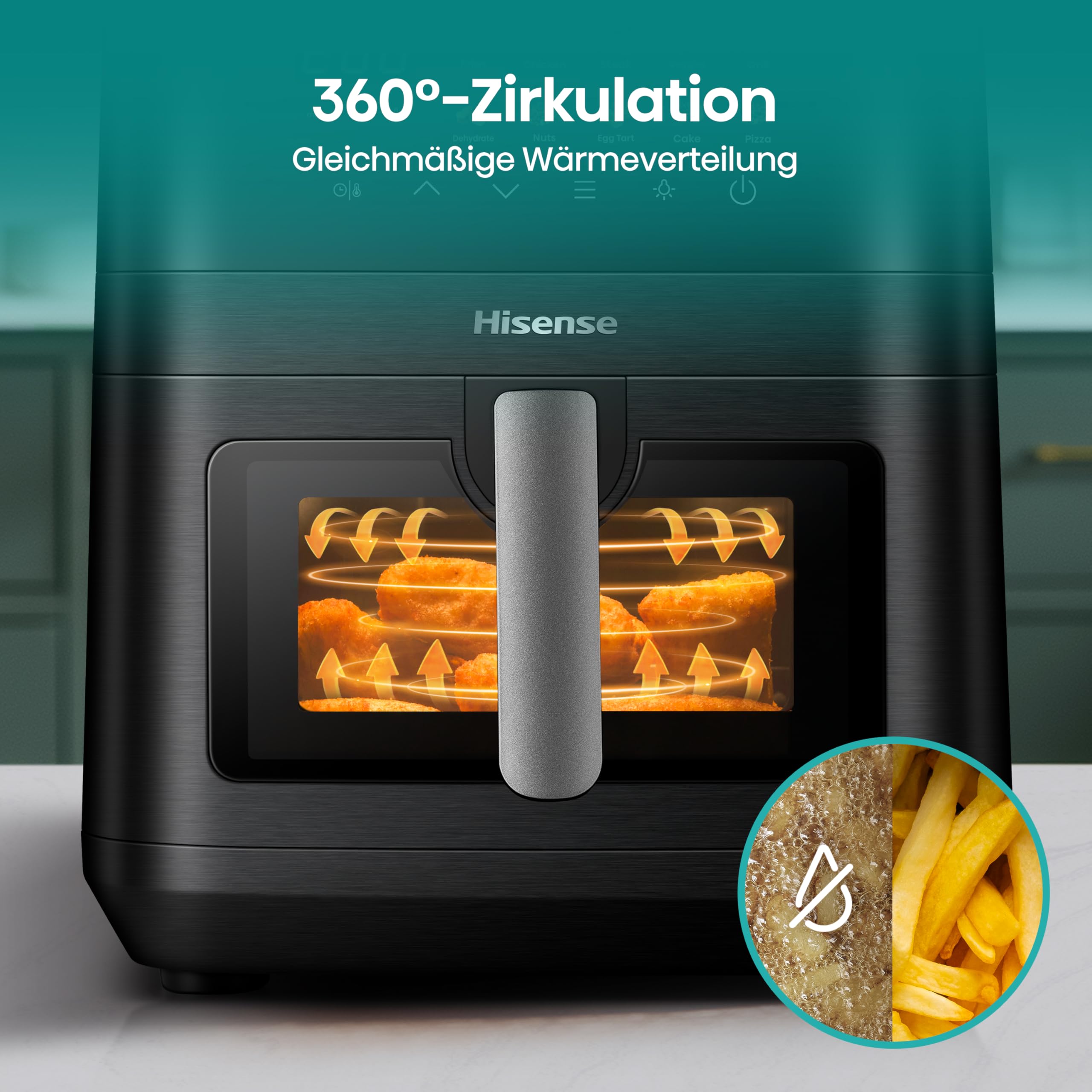 Hisense HAF2100DCD Heißluftfritteuse /2100 W /7,7 L Kapazität /10 voreingestellte Programme/Antihaft-Beschichtung/Energieeffizient/Start Delay Funktion/HxBxT: 40,1 x 31 x 35 cm/Schwarz