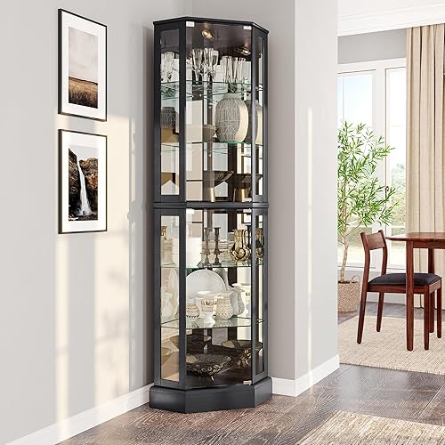 BELLEZE Lighted 3-Side Glass Display Curio Cabinet with Tempered Glass Doors and Shelves, Curved Wood Corner Cabinet with Bulb, Corner Curio Storage Rack for Bar and Liquor Storage - Ashfield (Black)
