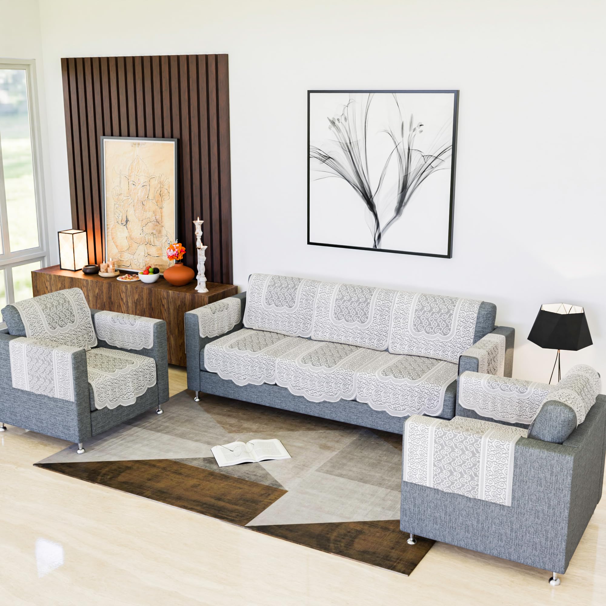 Kuber Industries Sofa Cover | Net Sofa Slipcover Set | 5 Seater Sofa Cover with Arms for Hall | Couch Sofa Cover Set | Sofa Cover for Hall & Living Room D�cor | Zig Zag Printed | White-picture-30