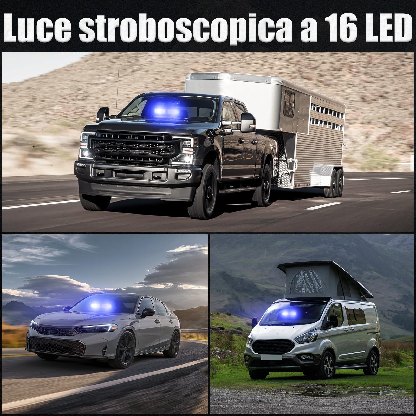 Riloer 16 LED Strobe Light, 12V Lampeggiante Blu Polizia di Emergenza Avvertimento Flash Lampada a Ventosa per Rimorchi per Camion