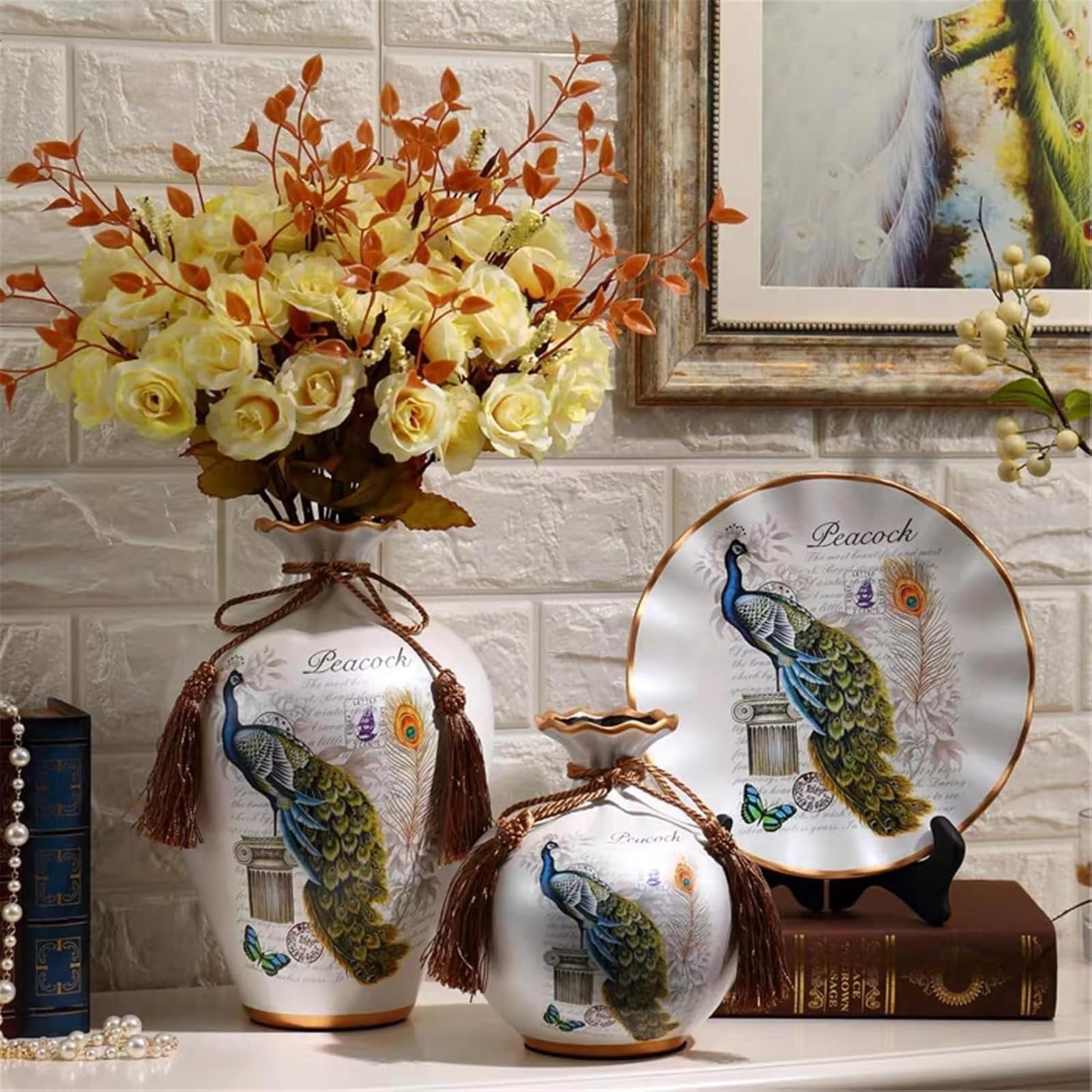Europäisches Retro-Keramik Deko-Set mit Pfauenmotiv, 3-teilig mit Vasen und Teller, Vintage-Stil Wohnzimmer Dekoration