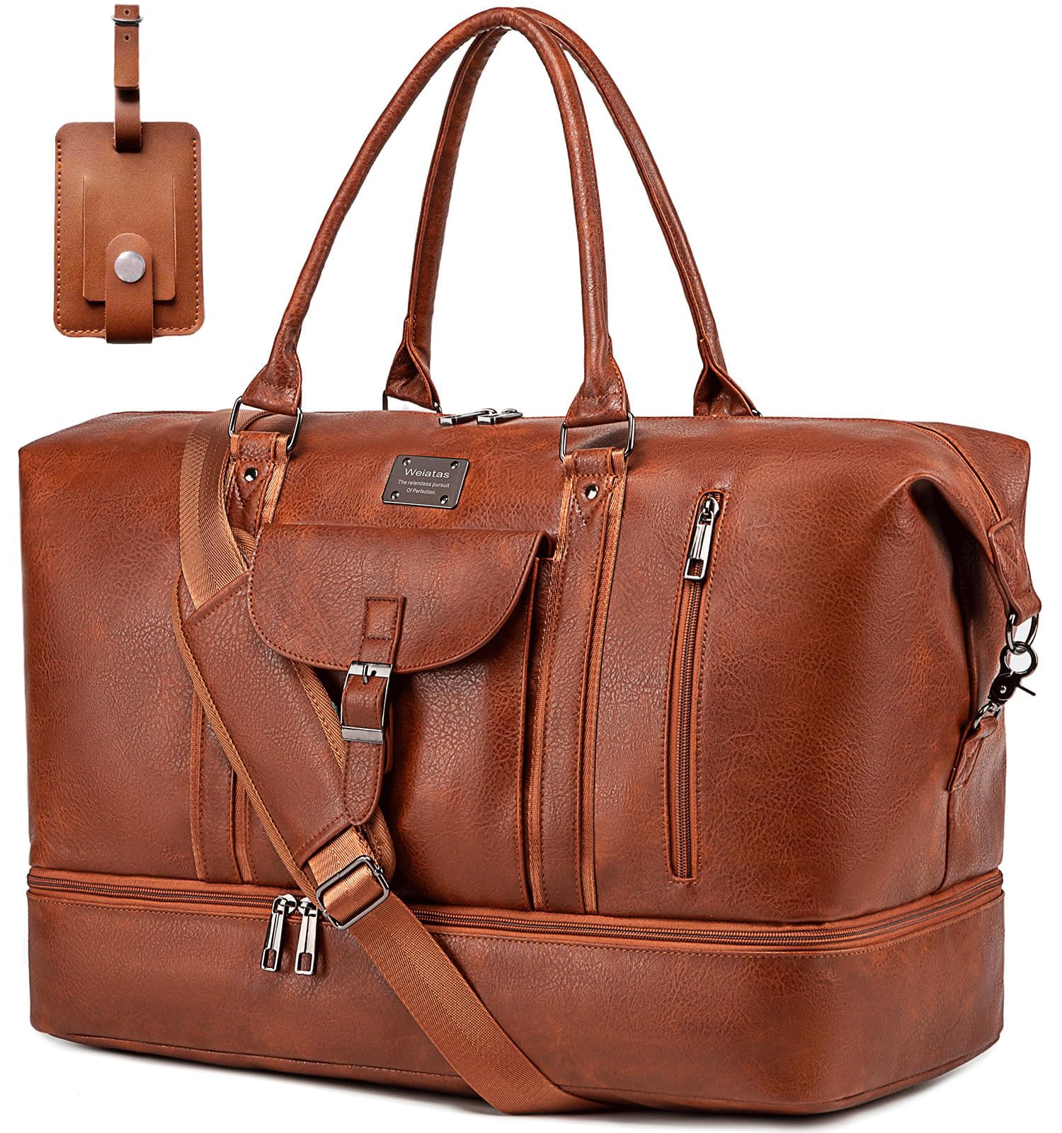 weiatas Faux Leather Travel Duffel Bag for Women Men Large Weekender Overnight Bag with Shoes Compartment Waterproof Carry