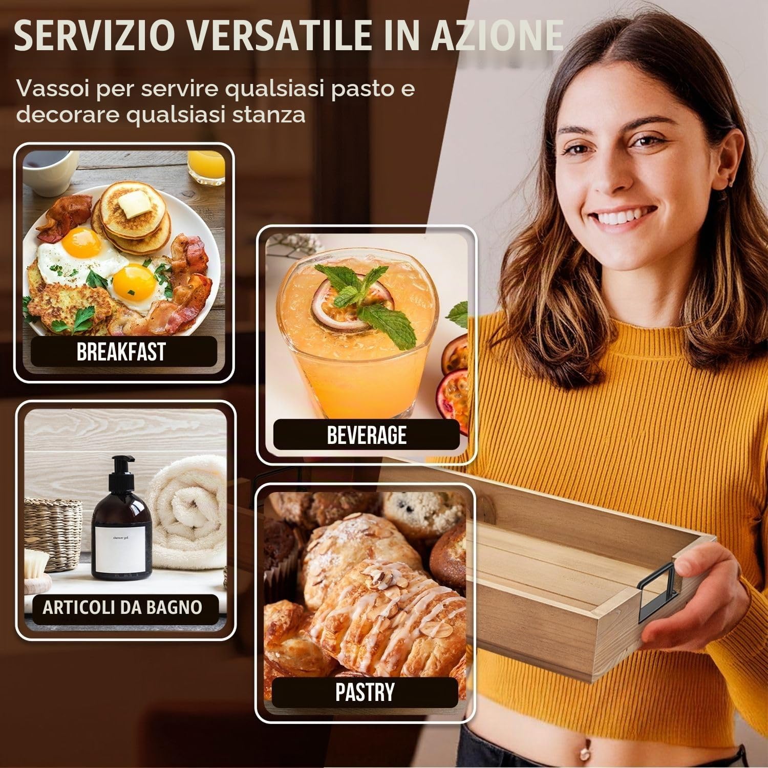 Flexzion Set di 3 vassoi da portata rustici, impilabili in legno di abete con manico, vassoio per la colazione in legno, vassoio per salumi annidato resistente, per tavolino ottomano, set di vassoi