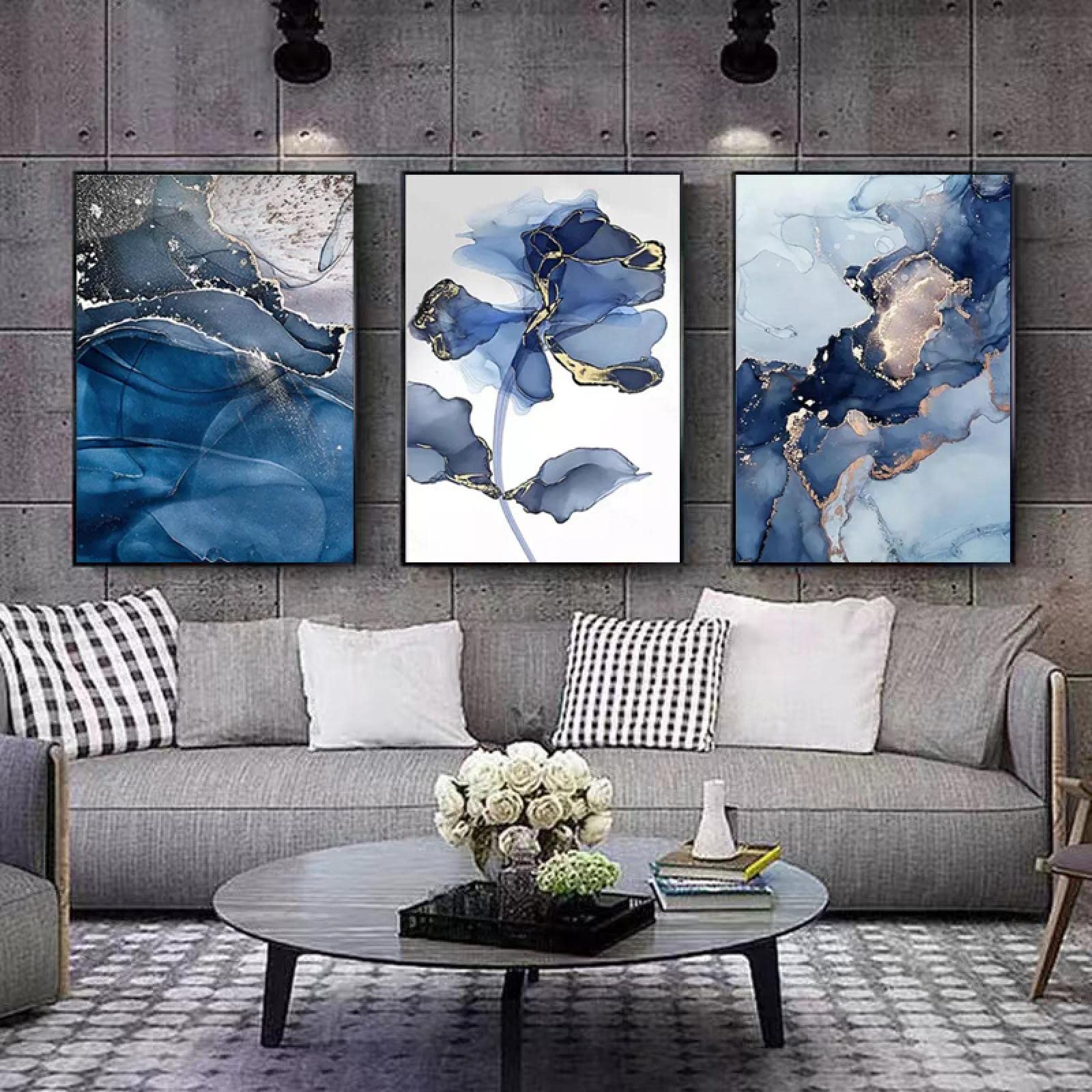 ZHMANLUCK Modisches, luxuriöses blaues Wanddekor, abstraktes Band-Poster, Leinwandgemälde, Heimdekoration, Wandbild, Kunstdruck, Dekoration, 20 x 30 cm (8 x 12 Zoll) x 3, mit Rahmen