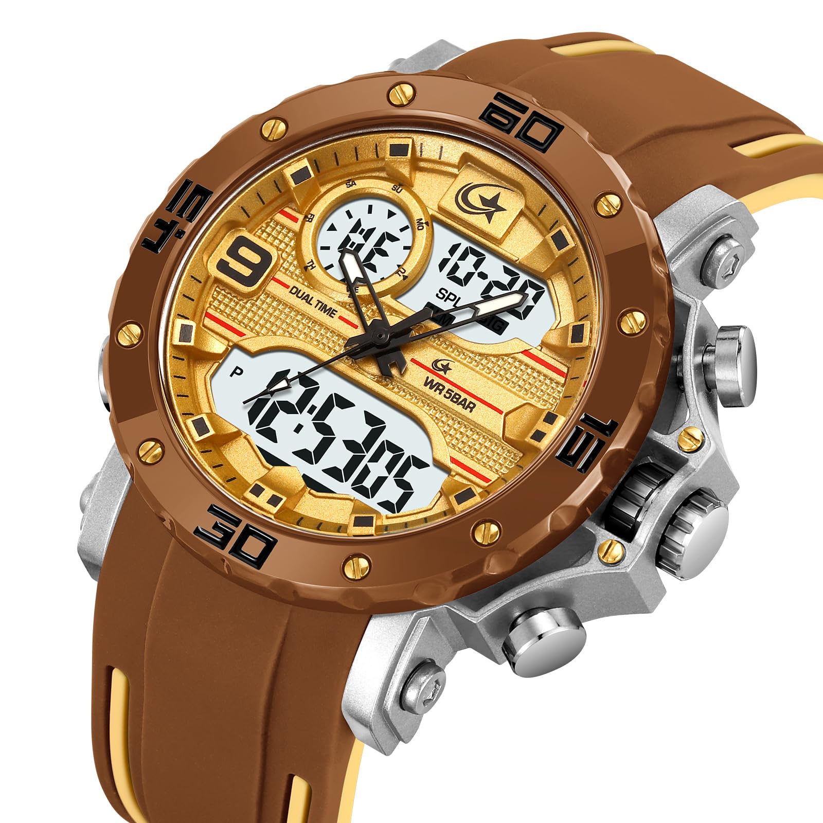 findtime Orologio sportivo da uomo, analogico, digitale, militare, tattico, impermeabile, doppio fuso orario, LED luminoso, sveglia, cronometro