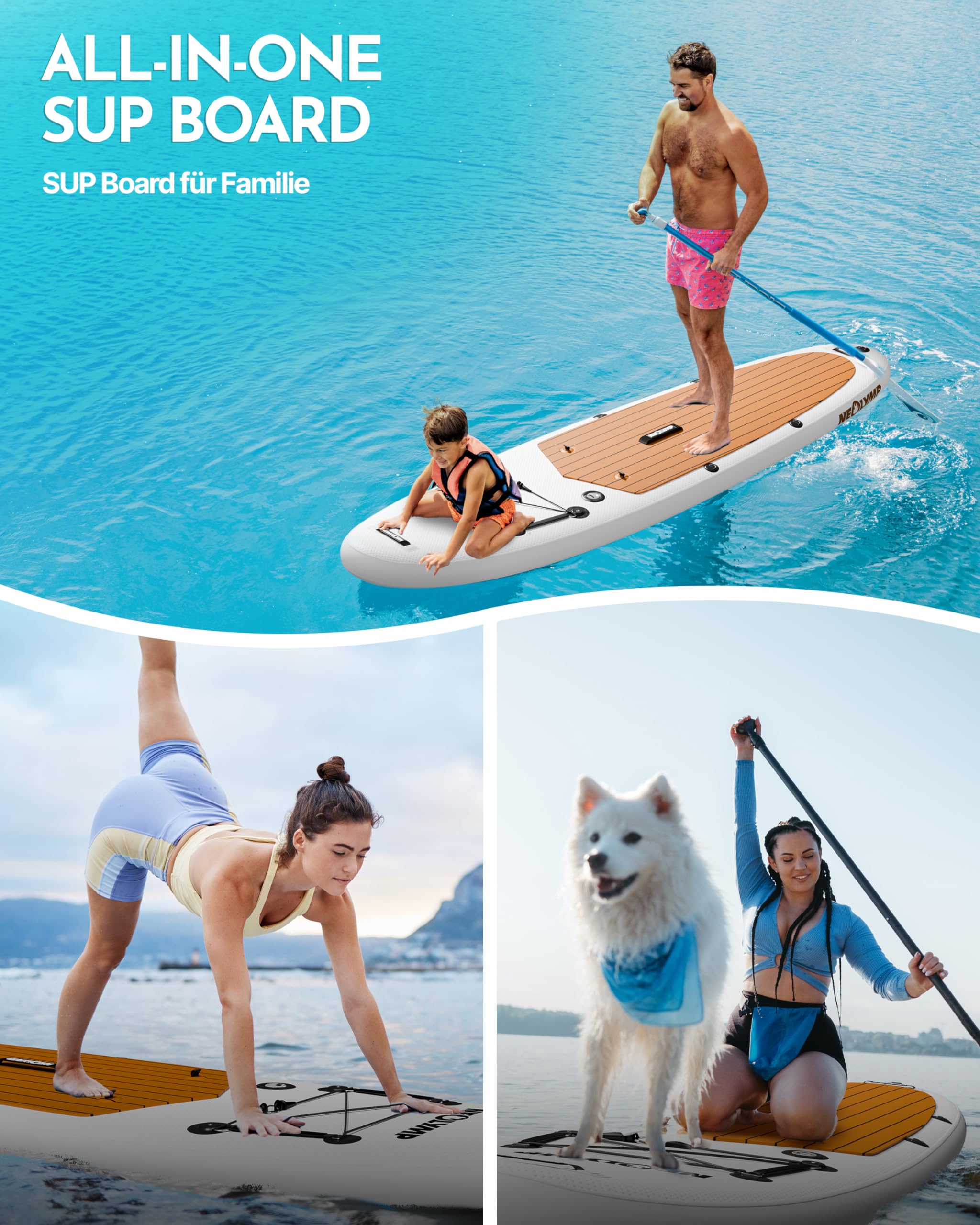 NEOLYMP Aufblasbares Stand Up Paddle Board 315 cm – SUP Komplett-Set 13-TLG. inkl. Kajaksitz, E-Book, Pumpe & Rucksack – für Kinder & Erwachsene – 150 kg Traglast – Paddleboard aufblasbar mit Zubehör