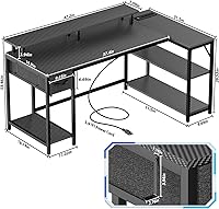 Vista 35 de Escritorio en forma de L de 53 pulgadas, escritorio para juegos en forma de L con tomas de corriente y luces LED, escritorio para computadora