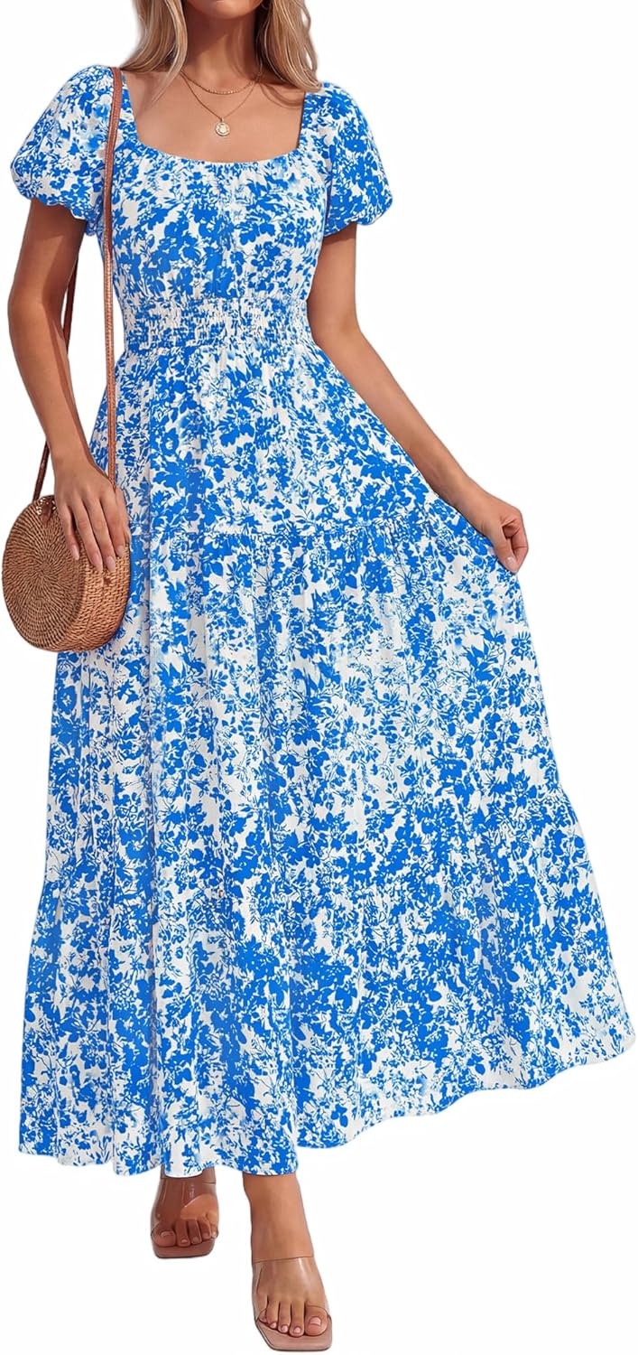 BTFBM Summer Dress for Women 2026 Spring Floral Short Sleeve Casual Flowy A-Line Smocked Tiered Maxi Dresses Pockets
