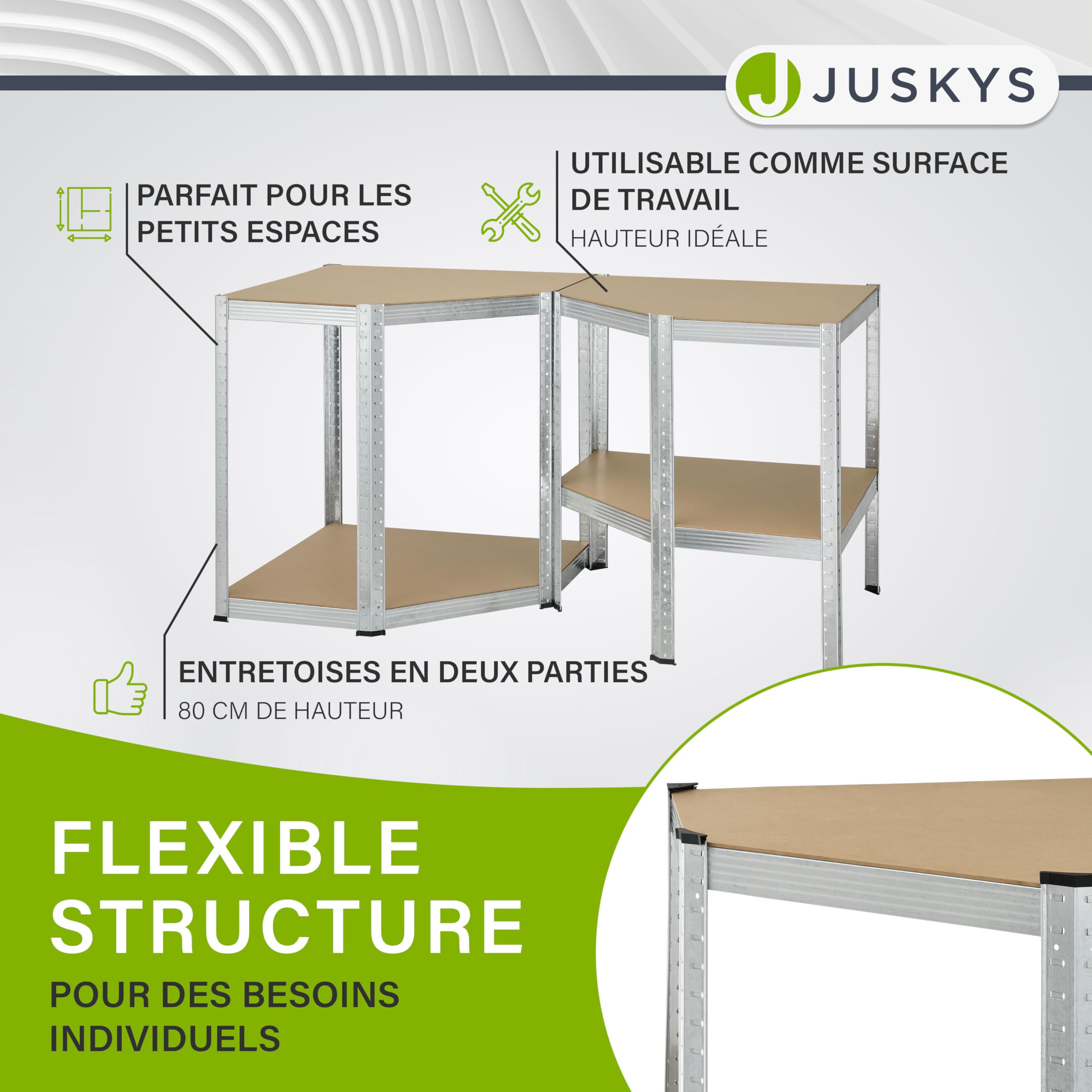 Juskys Étagère de Rangement pour d'angle Coin Facile | 320 kilogrammes | 4 étagères en Bois MDF | métal galvanisé | Robustes, enfichables - Argent, 160 x 75 x 40-75 cm