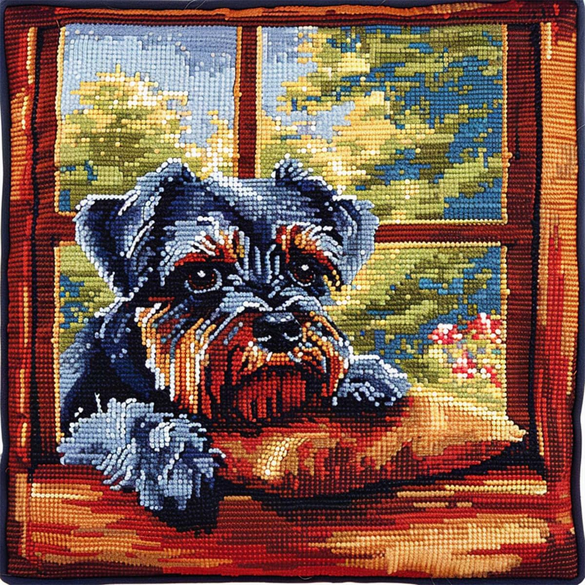 RKFLGEW DIY Latch Hook Craft Kits Schnauzer Animal Needlepoint Pillow Kit Cartoon Dog Latch Hook Kits for DIY Throw Pillow Cover,Needlework Cushion Cover Hand Craft Crochet for Family 43x43cm