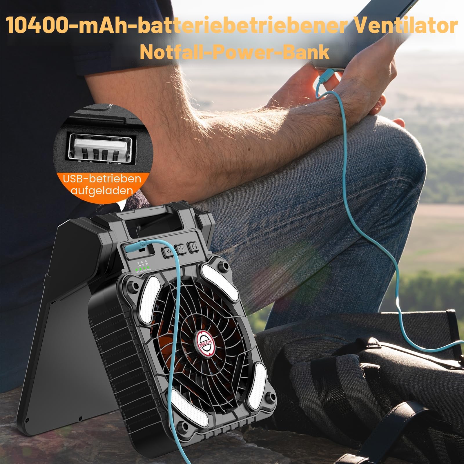 Solar Camping Fan with LED Lantern,10400mAh Rechargeable Battery Operated Portable,Timer,Phone Charging and Eco-Friendly Fan,for Camping,Fishing, Power Outage,Hurricane,Travel
