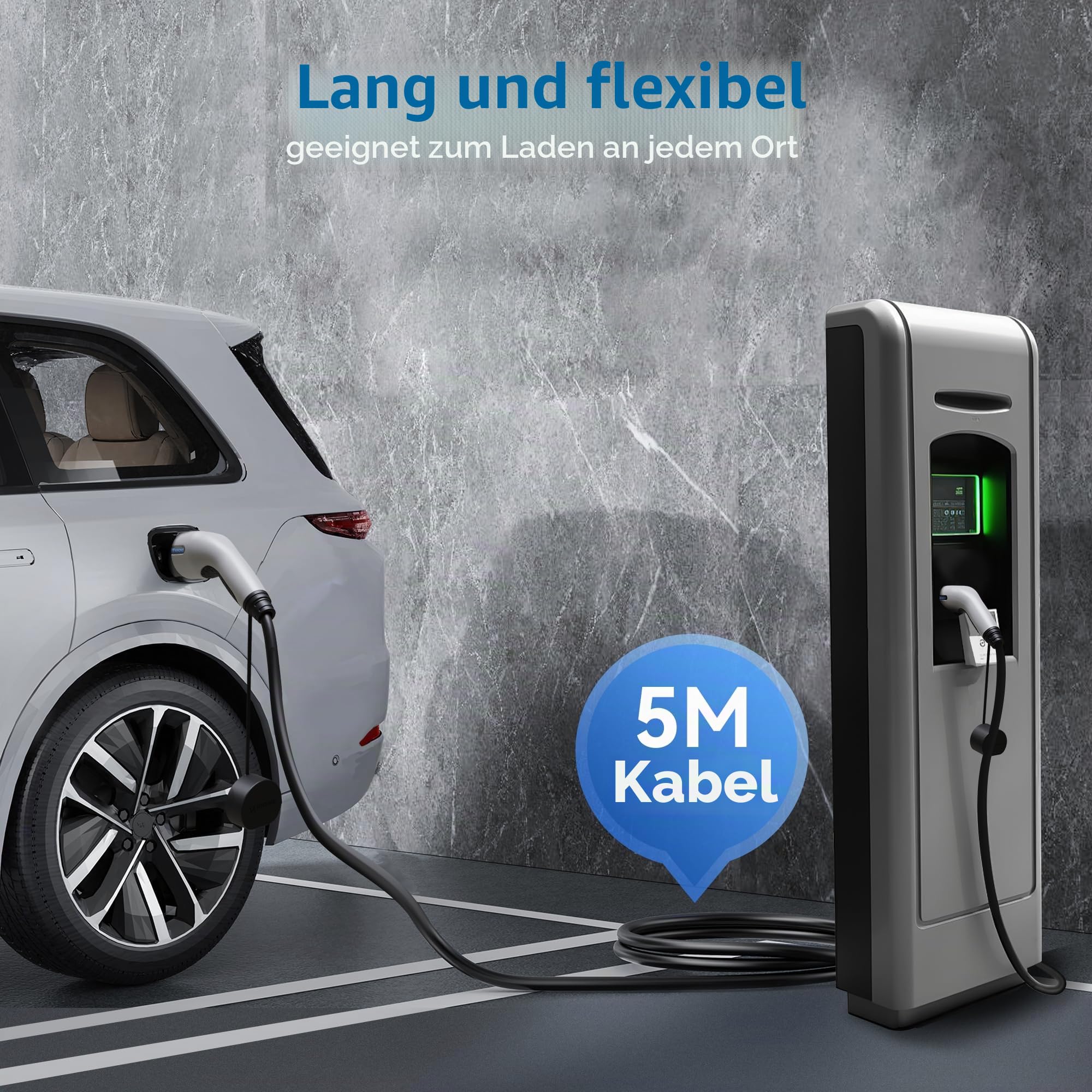 Typ 2 Ladekabel 16A/11 kW/3-Phasig/5 Meter Elektroauto Ladekabel für E Auto EV/PHEV Modus 3 Kompatibel mit Model Y 3 S X, ID.3, ID.4, ID.5, IONIQ 5 (Weiß)
