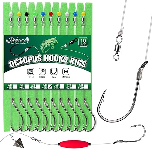 Vista 16 de Dovesun 10 piezas de anzuelos pre-ensartados para bagre, anzuelos circulares/de pulpo para bagre, anzuelos circulares offset para pesca de agua
