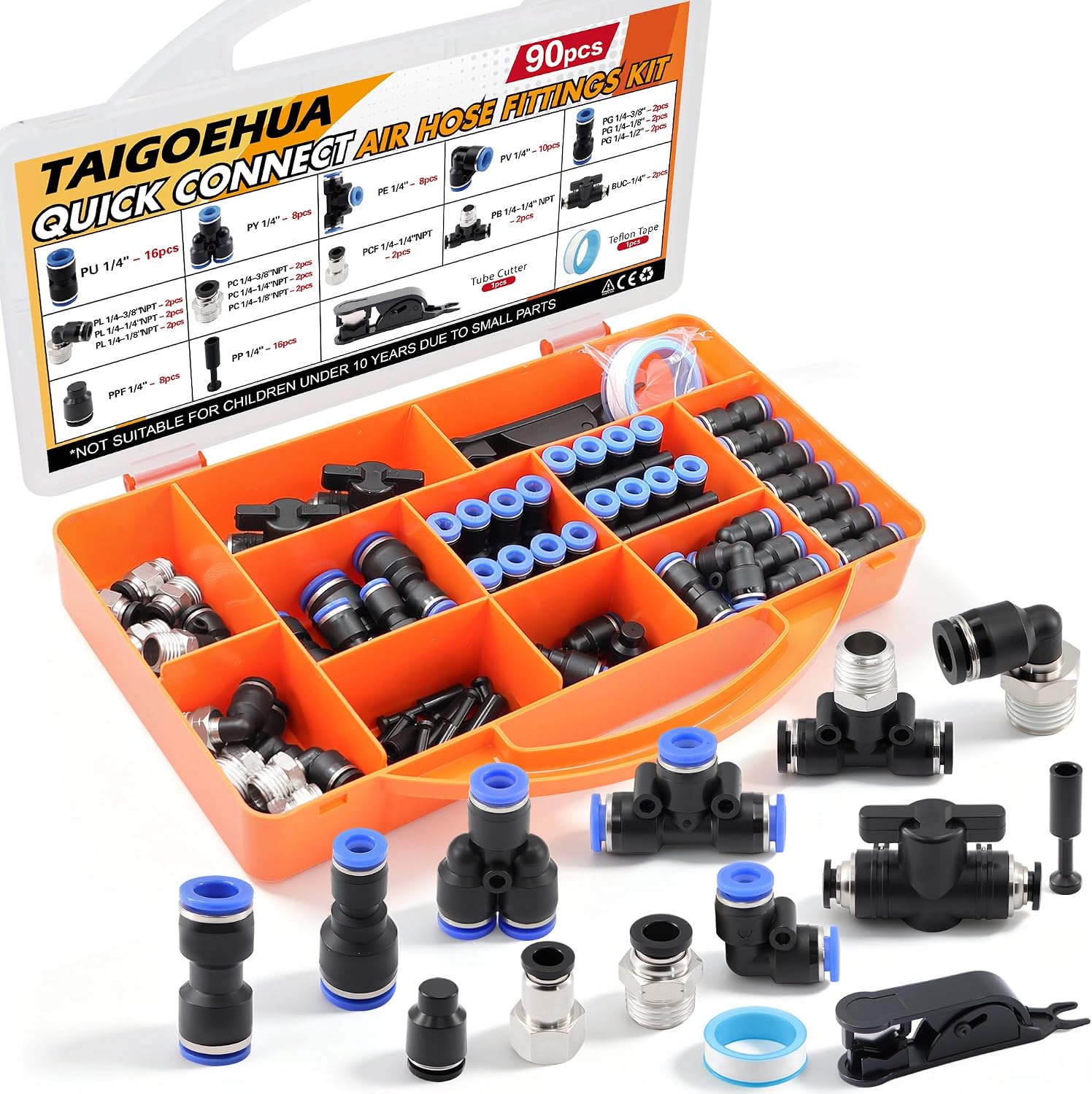 90PCS Push to Connect Fittings 1/4 Inch OD, Pneumatic Air Line Quick Connect Fittings Kit with Tube Cutter & Seal Tape, Straight/Elbow/Tee/Union Splitter Assortment, Nickel Plated Brass & Plastic