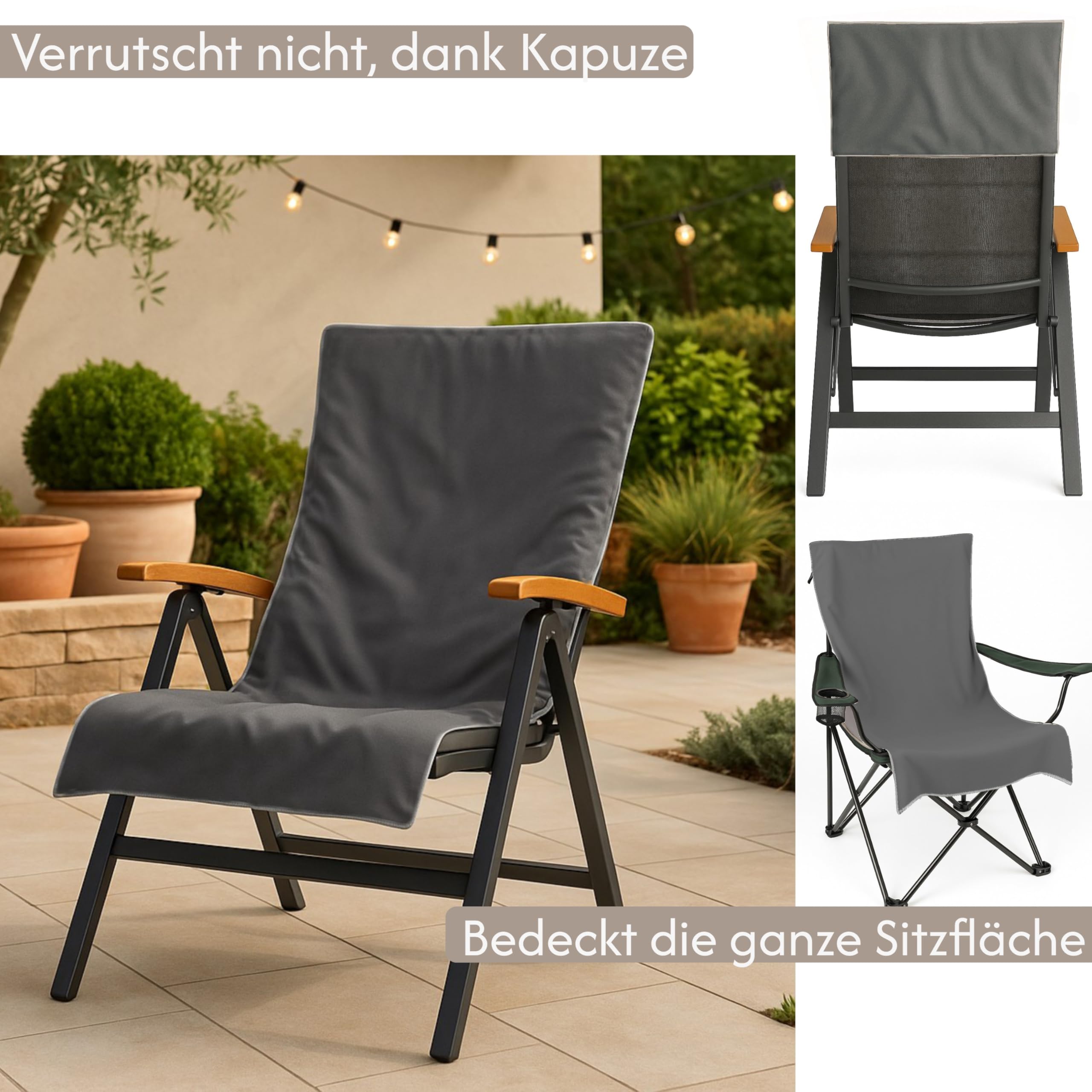 2X Schonbezug Gartenstuhl Hochlehner - 130x65cm mit Kapuze Microfaser Light Weight Schonbezüge für Gartenstühle Handtuch mit Umschlag Bezug Campingstuhl (Anthrazit, 2 Stück)