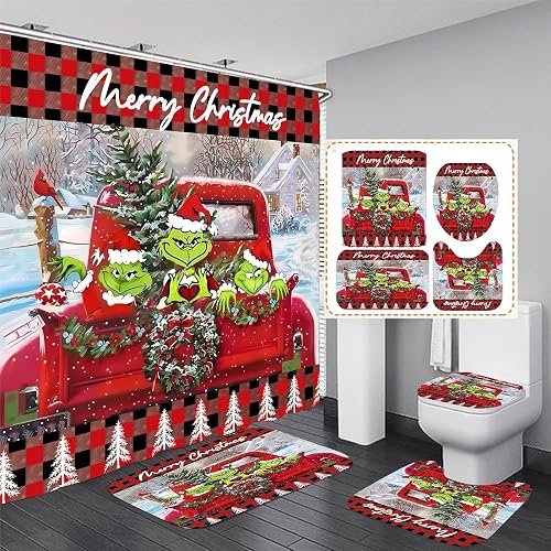 4Pcs Christmas Shower Curtain Sets with Non-Slip Rugs, Toilet Lid