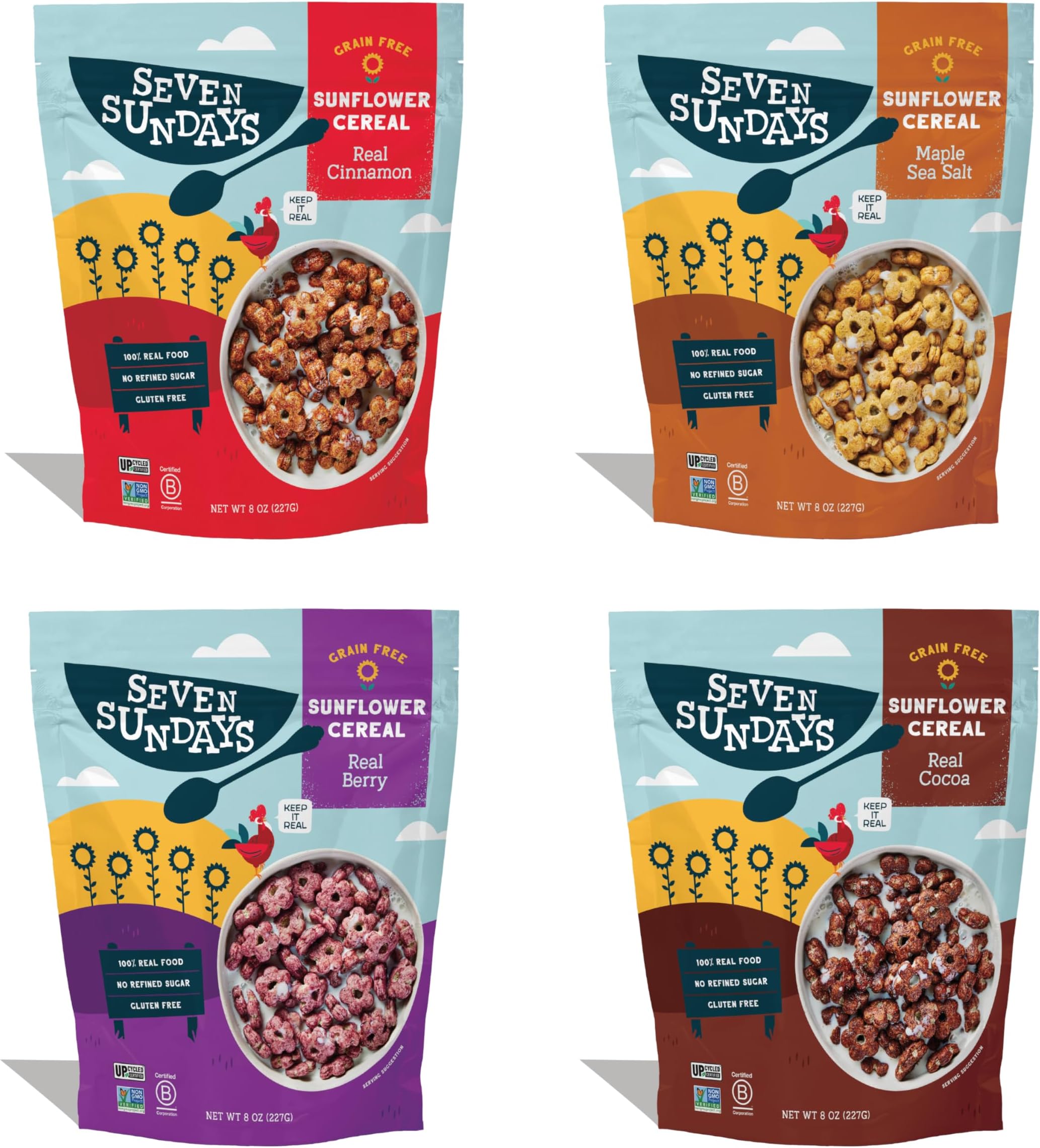 Seven Sundays Sunflower Cereal, Variety Pack, 8 Oz Bag (Pack of 4), Grain & Gluten Free, Upcycled Protein, Maple Sea Salt, Real Berry, Real Cinnamon, Real Cocoa
