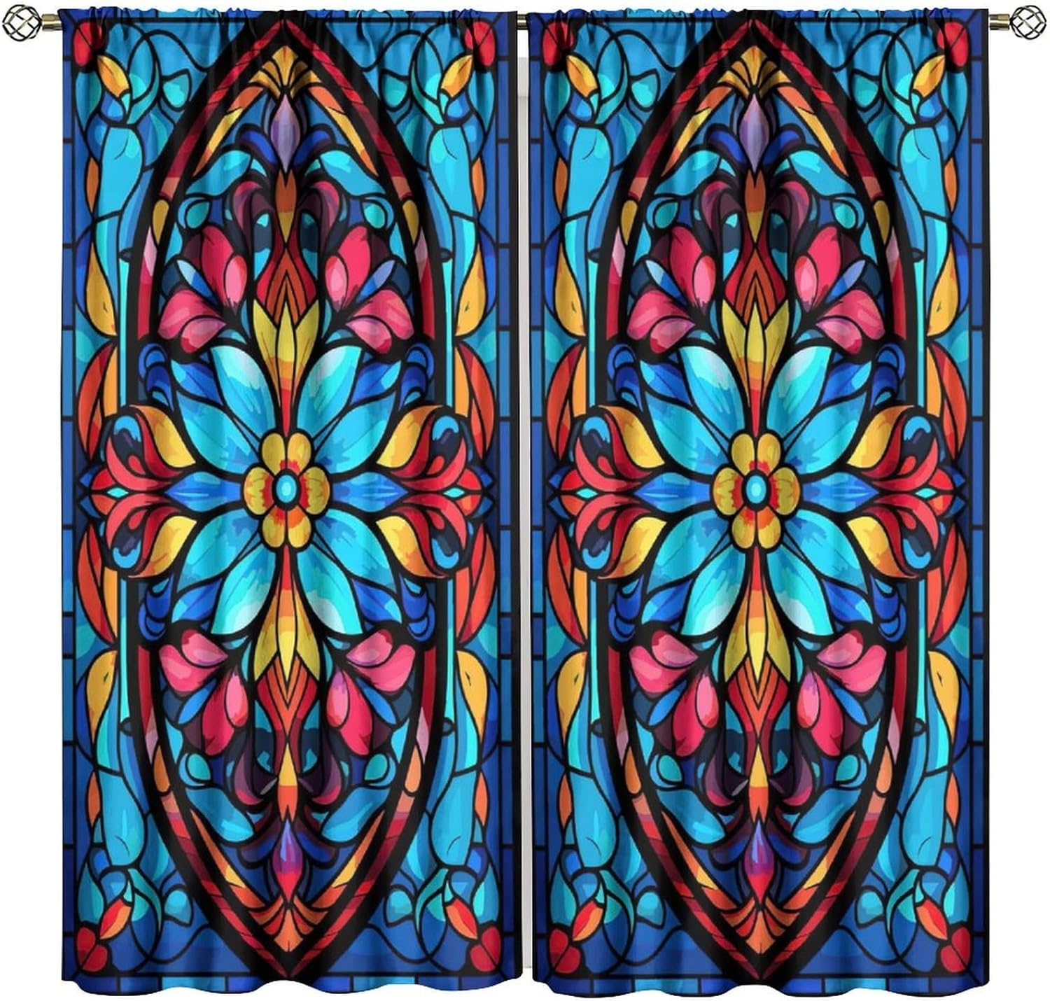 Vintage Stained Glass Curtains, Hand-Painted Natural Plants Flowers Abstract Window Decorations, Bedroom Living Room Blackout Curtains42X45 Inch