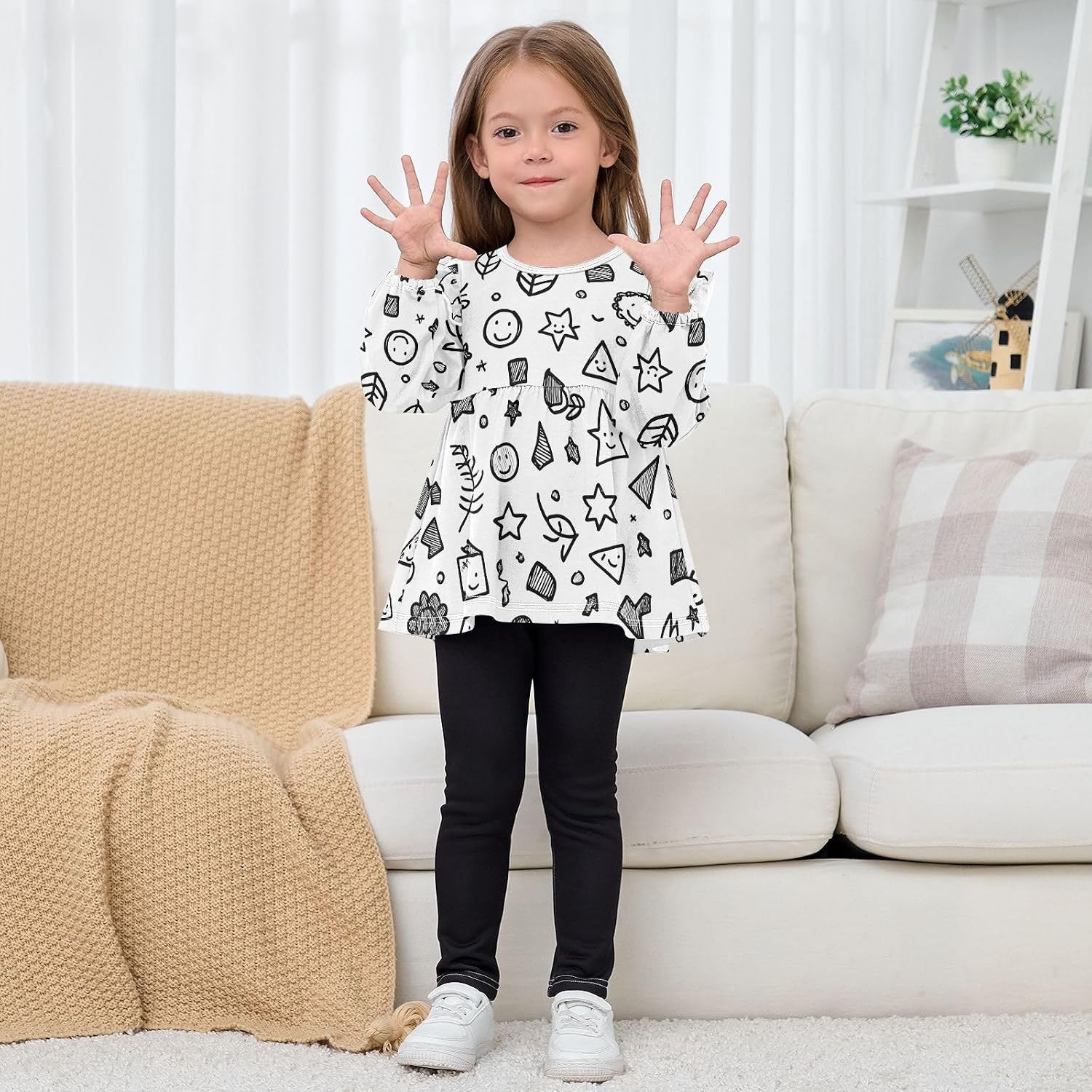 visesunny Toddler Clothes for Girls Simple Line Art Symbol Long Sleeve Fall Shirts Cotton Top with Ruffle Collar