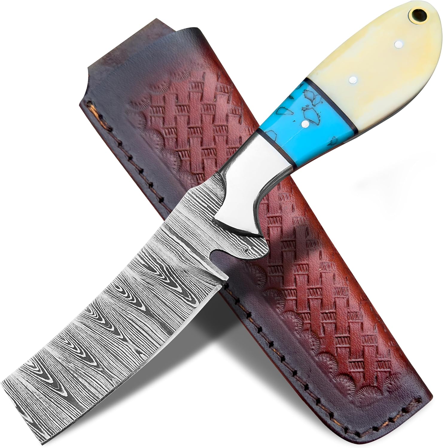 Handmade Damascus Bull Cutter Knife with Leather Sheath – Full Tang Cowboy Hunting Knife – Fixed Blade EDC Tool for Camping, Survival, Skinning, Outdoor Use & Gift for Men Collectors (White)