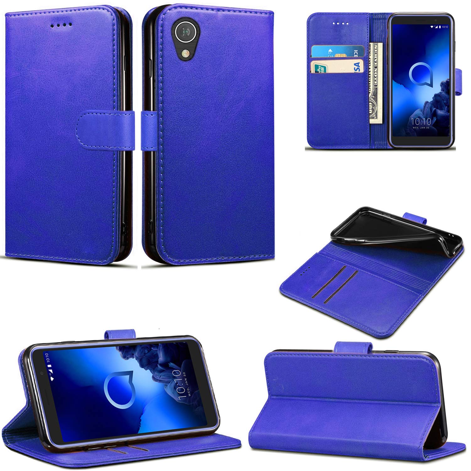 Mobile Stuff Alcatel 1 (5033X) Case, Leather Case Flip Folio Book Case Wallet Cover with Magnetic Closure & Kick Stand For Alcatel 1 (Blue)
