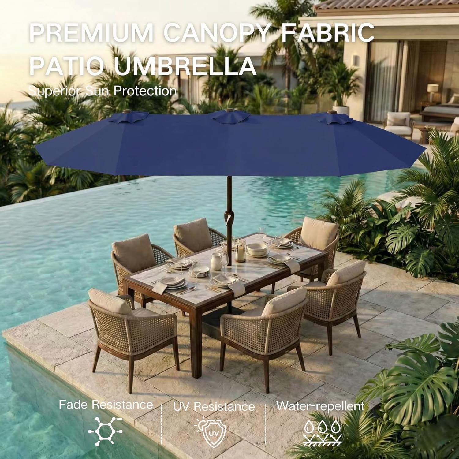 Kingdura 15ft Large Patio Umbrella with Base Included, Double-Sided Rectangle Outdoor Table Umbrella with 12 Reinforced Ribs, Crank Lift for Market Pool Deck Backyard, Navy blue