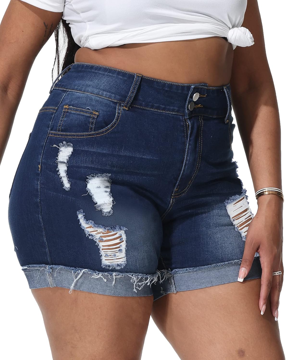 Womens Plus Size Jean Shorts High Waisted Stretchy Ripped Frayed Folded Hem Denim Shorts - Image 4