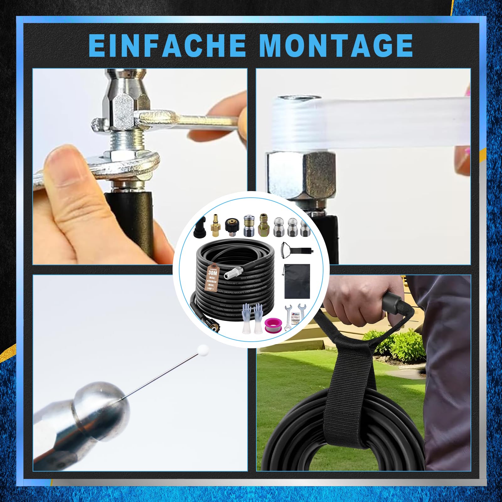 Rohrreinigungsschlauch Set 30m, 5800 PSI / 400 bar, mit Adapter und Düsen