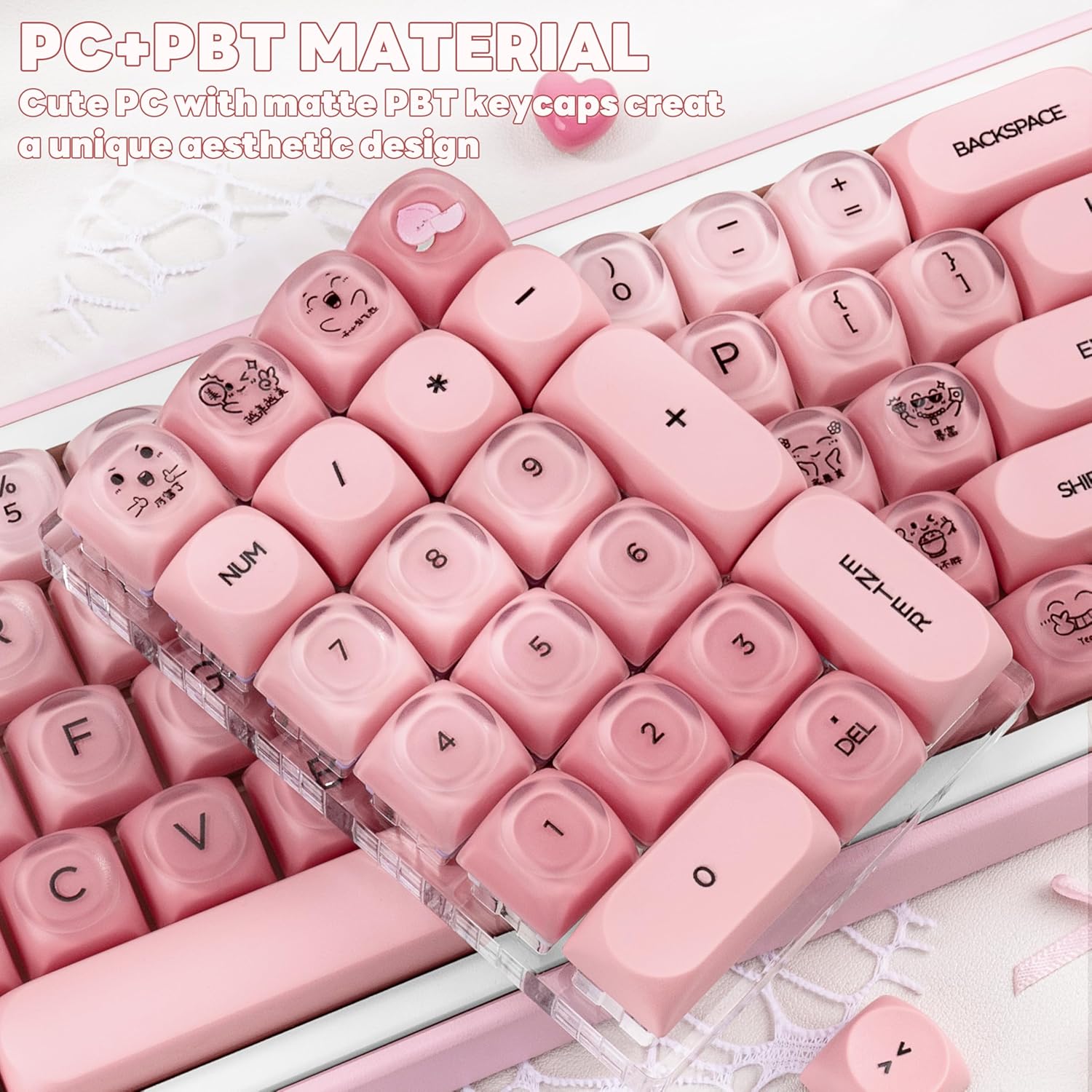Pink Foundation Jelly MOA Profile Keycaps Set, 130 Keys PC+PBT Material Dye Sublimation Custom Keycap for Mechanical Keyboard with MX Structure