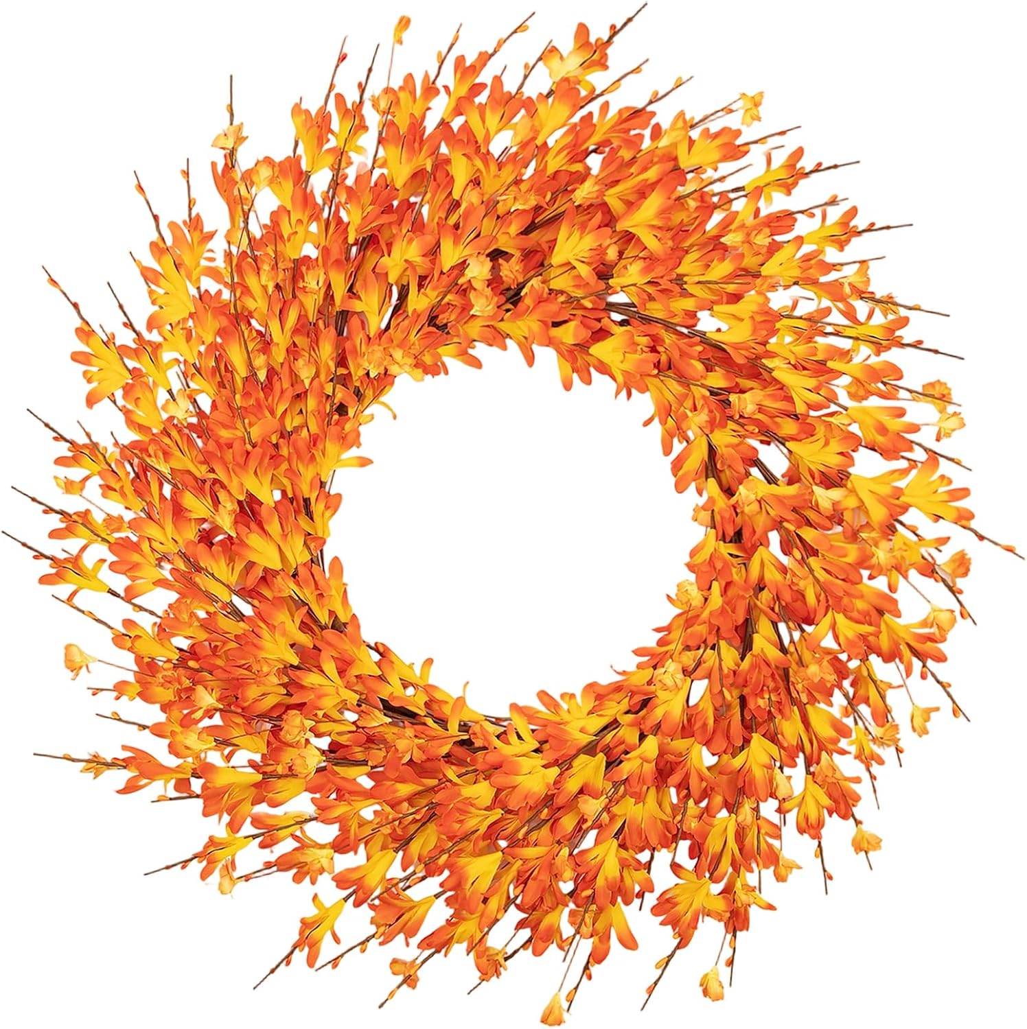 24 Inch Artificial Autumn Wreath,Fall Wreath with Orange Silk Forsythia, Handmade Paper Flowers & Berries, Farmhouse Seasonal Harvest Wreath for Front Door Indoor Outdoor Thanksgiving Decor