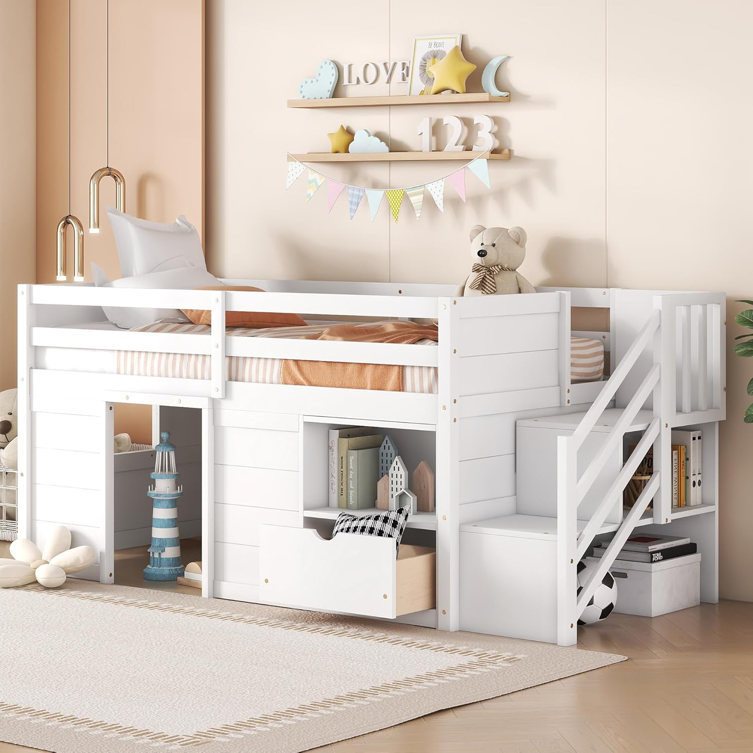 Twin Bed, Solid Wood Twin Size Low LOFT Bed with Stair, Drawer, and Shelf of White Color