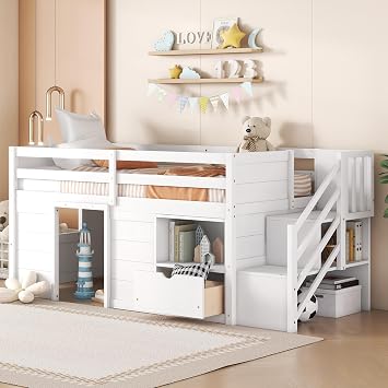 Twin Bed, Solid Wood Twin Size Low LOFT Bed with Stair, Drawer, and Shelf of White Color