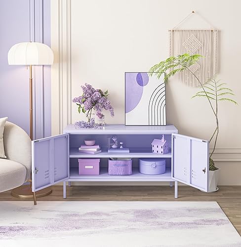 Miniatura 5 de Gabinete de almacenamiento de metal ancho para dormitorio, soporte de TV con cerradura para 2 puertas, gabinete de almacenamiento multifunción para