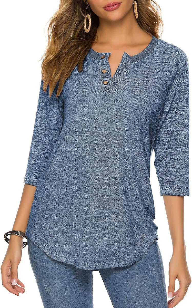 HOCOSIT Raglan V Neck Summer Tops 3/4 Sleeve Ladies Button Henley Shirt Boyfriend Style Blusa para mujer
