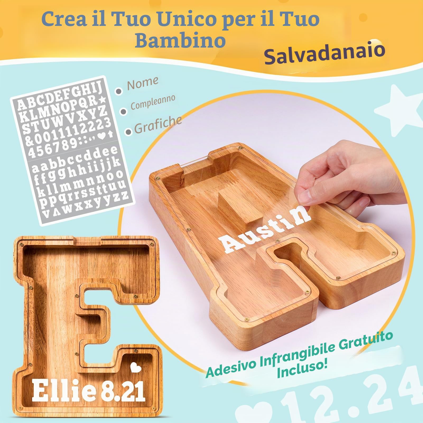Summidate Salvadanaio Legno Bambini, Porcellino Salvadanaio Trasparente Lettera A-Z, Regalo Educativo Compleanno e Battesimo Personalizzabile con Adesivi per Ragazzi e Ragazze